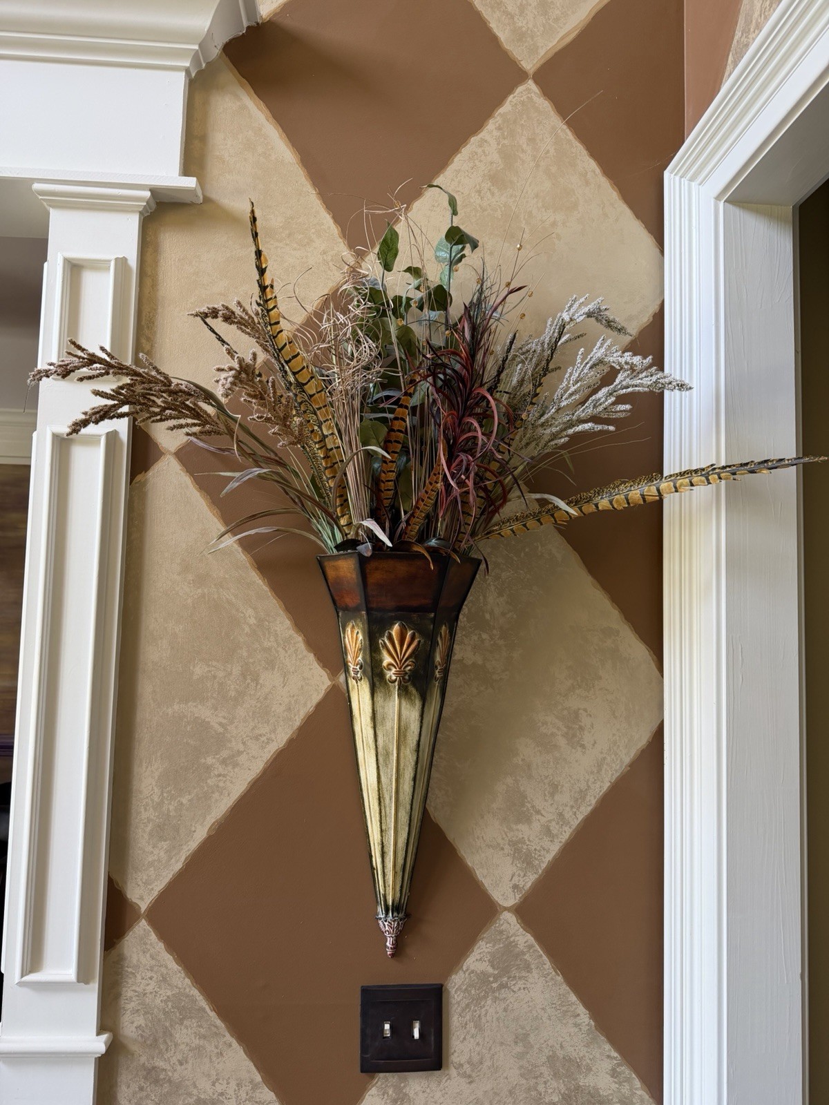 Artificial Grass Fern Wall Arrangement in Metal Cone Brown Green