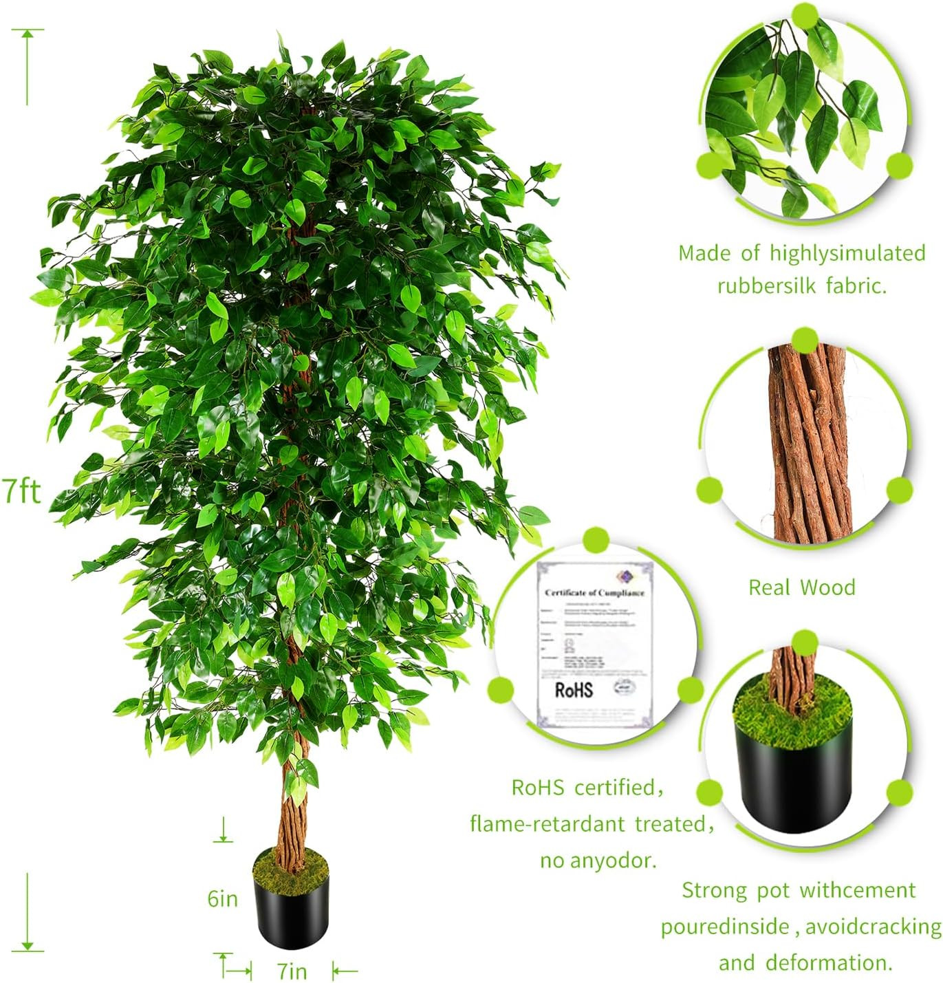 7Ft Artificial Ficus Tree in Pot – Faux Plant for Home & Office Decor