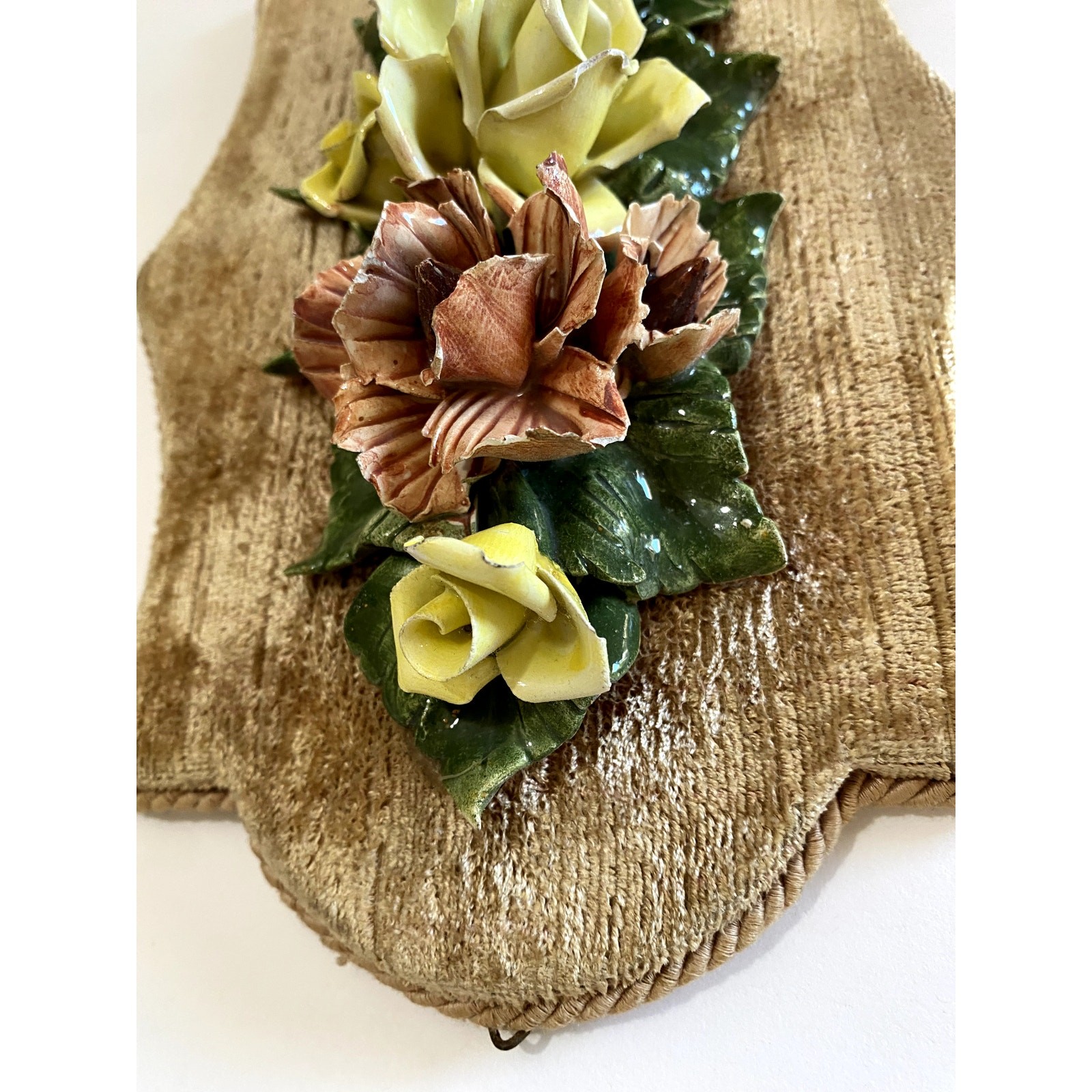 Capodimonte Floral Wall Plaque Porcelain Italy 1960s Velvet Back Tassel 12”