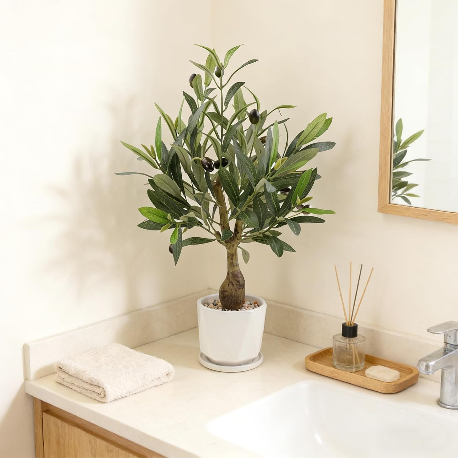 Fake Olive Tree with Pot Indoor, 18″ Artificial Olive Tree Stems Potted