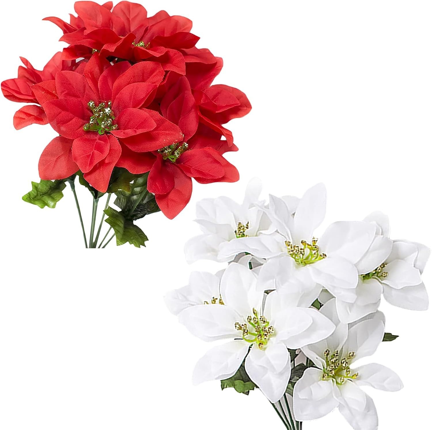 Vibrant 6 Pack Artificial Poinsettia Bushes, 13.8 Inch Faux Floral for Holidays