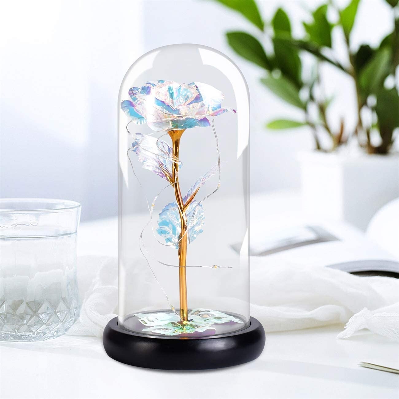 Colorful Artificial Flower Rose w/LED Lamp in Glass Dome Great Gift Idea! NEW