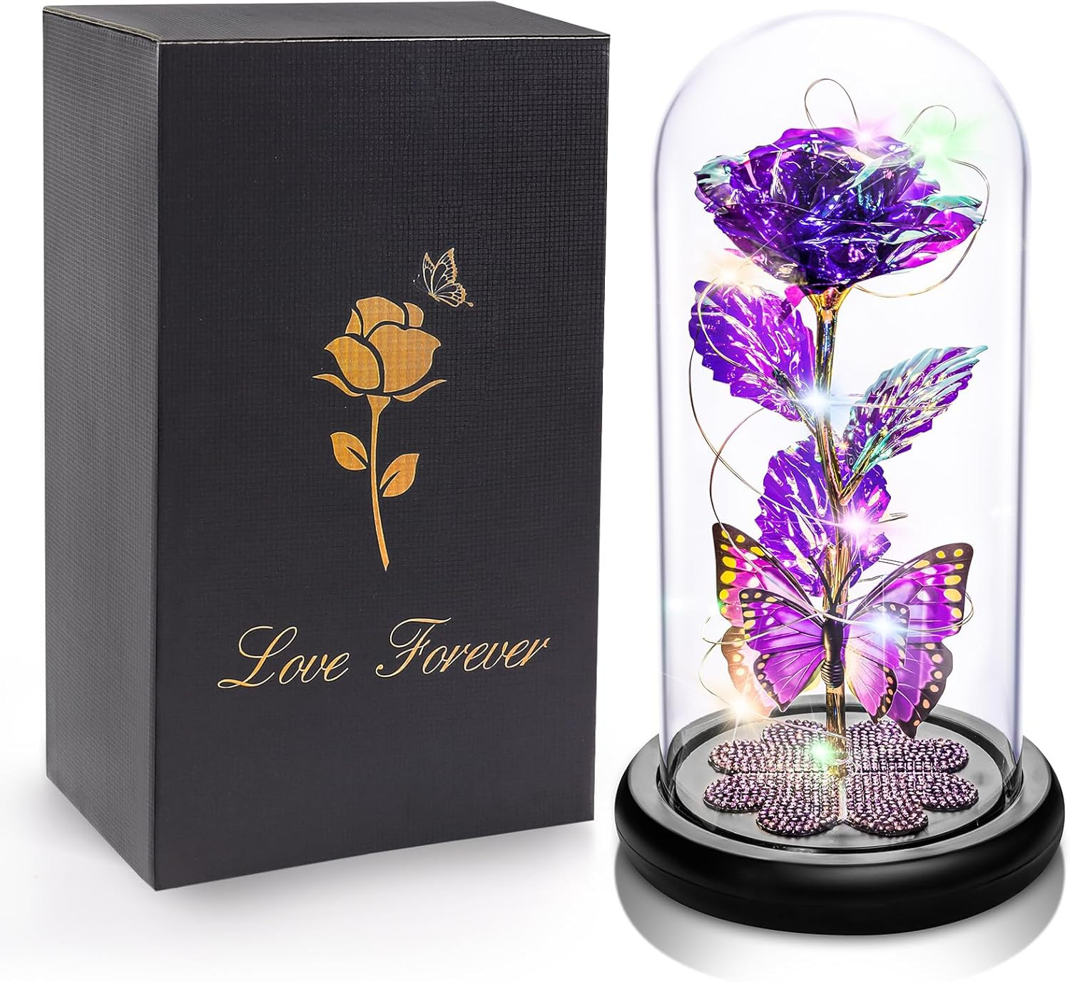 Rosa de cristal eterna con luz regalo mujer mama esposa hija hermana morado