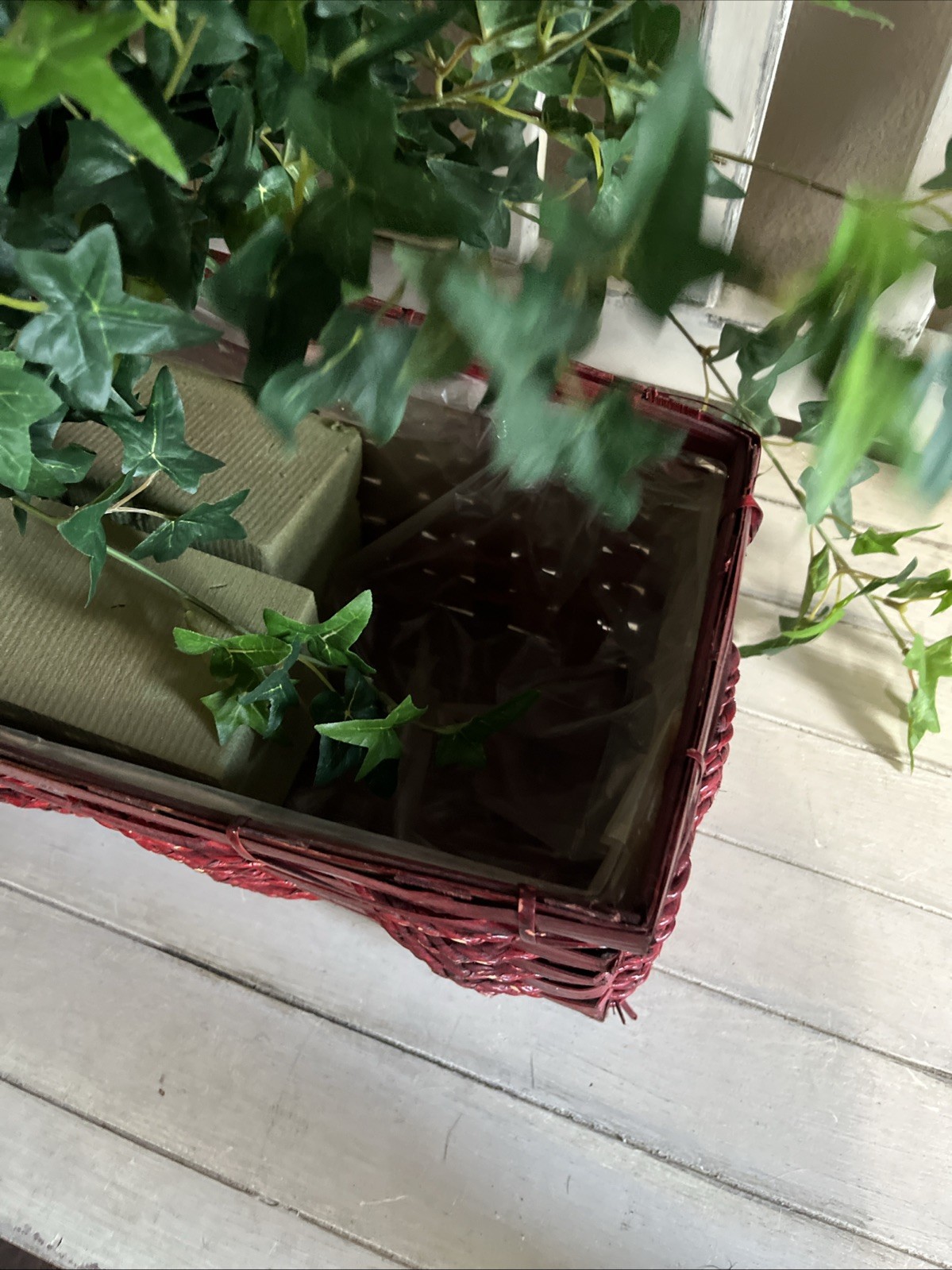 Faux Ivy In Red Wicker Basket 19”W x6 1/2”Dx6 3/8”H W/ Plant 19”H x58”W Used