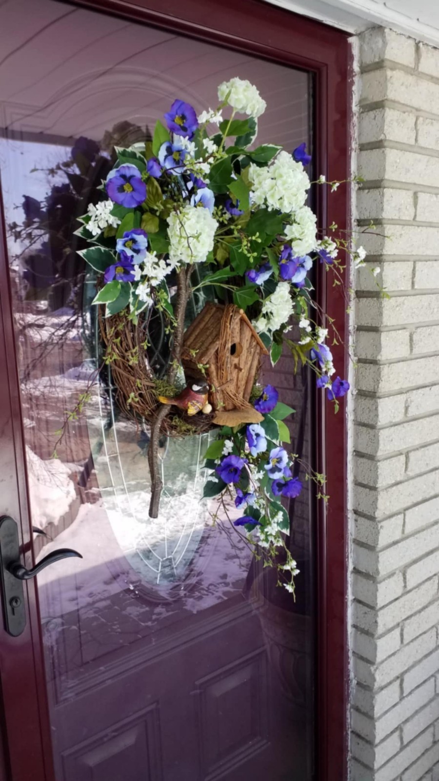 Flower Wreath Spring Summer Door Decor Bird Hydrangea Pansy Flower Arrangement