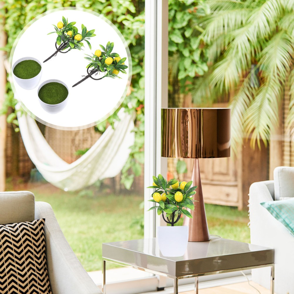 2Pcs Faux Lemon Tree Artificial Plant Yellow for Home Decor and Office Display