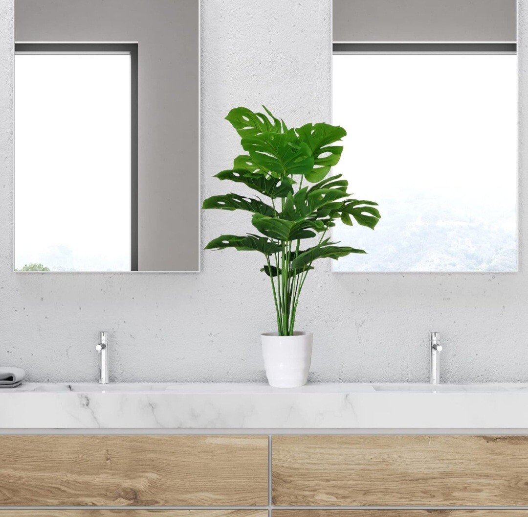 Set of 2 Artificial Monstera Deliciosa Plants in Pots, Fake Tropical Palm Tre…