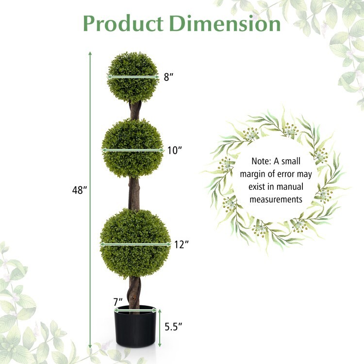 4′ Artificial Boxwood Topiary Ball Tree Plant Pot With Lush PE leaves and Trunk