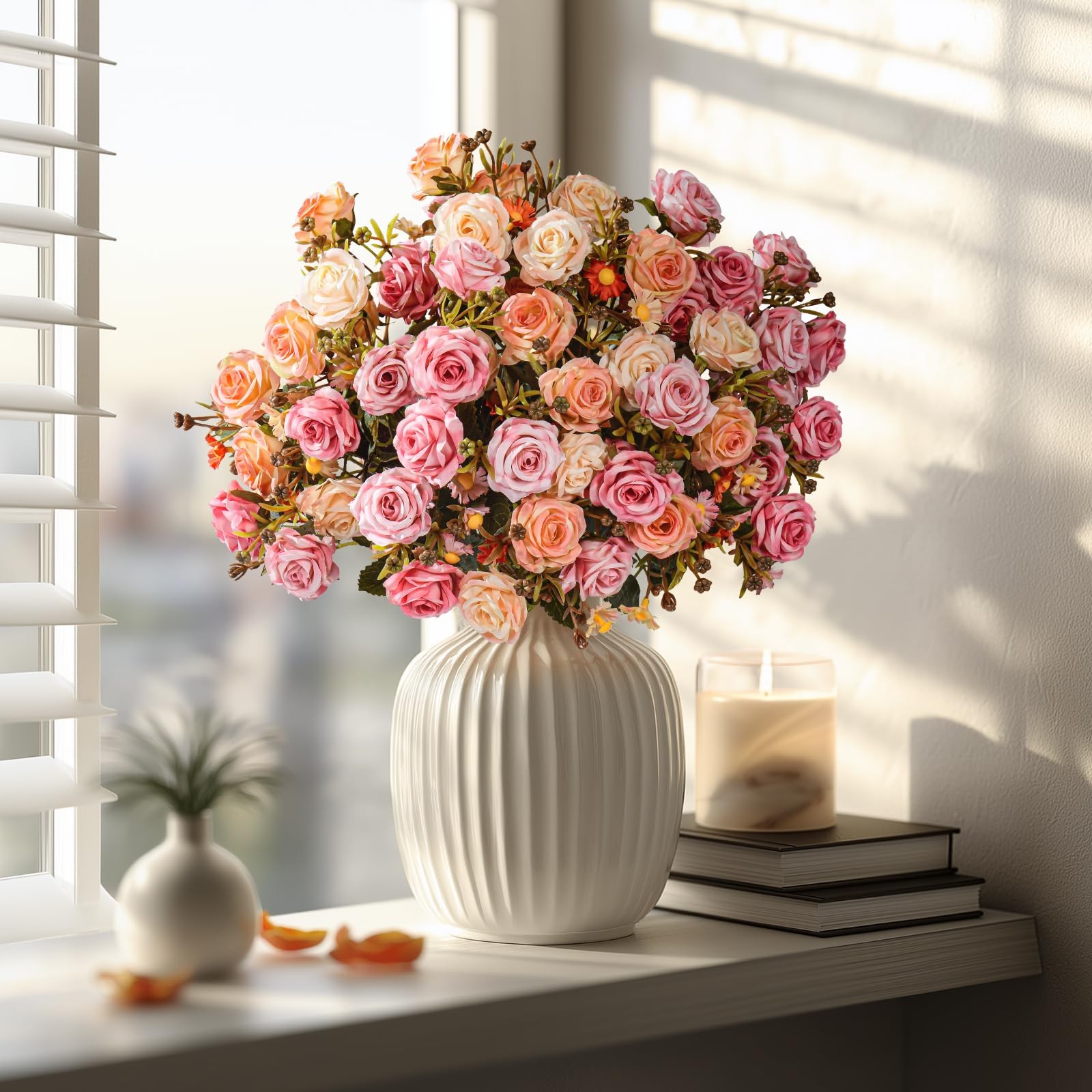 Artificial Rose Flowers for Outdoor 4 Bundles Rose Bouquet with Daisy Faux Fl…