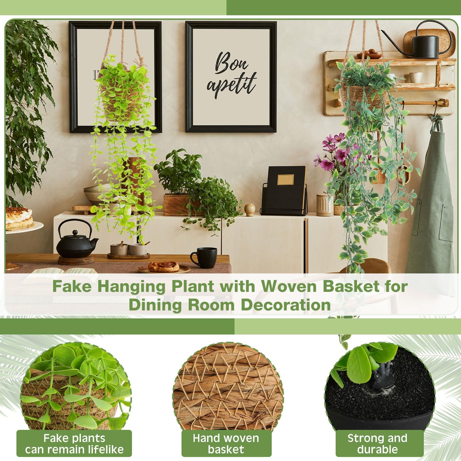 Summer Mini Hanging Artificial Plant with Woven Basket Boho Fake Plants Ivy F…
