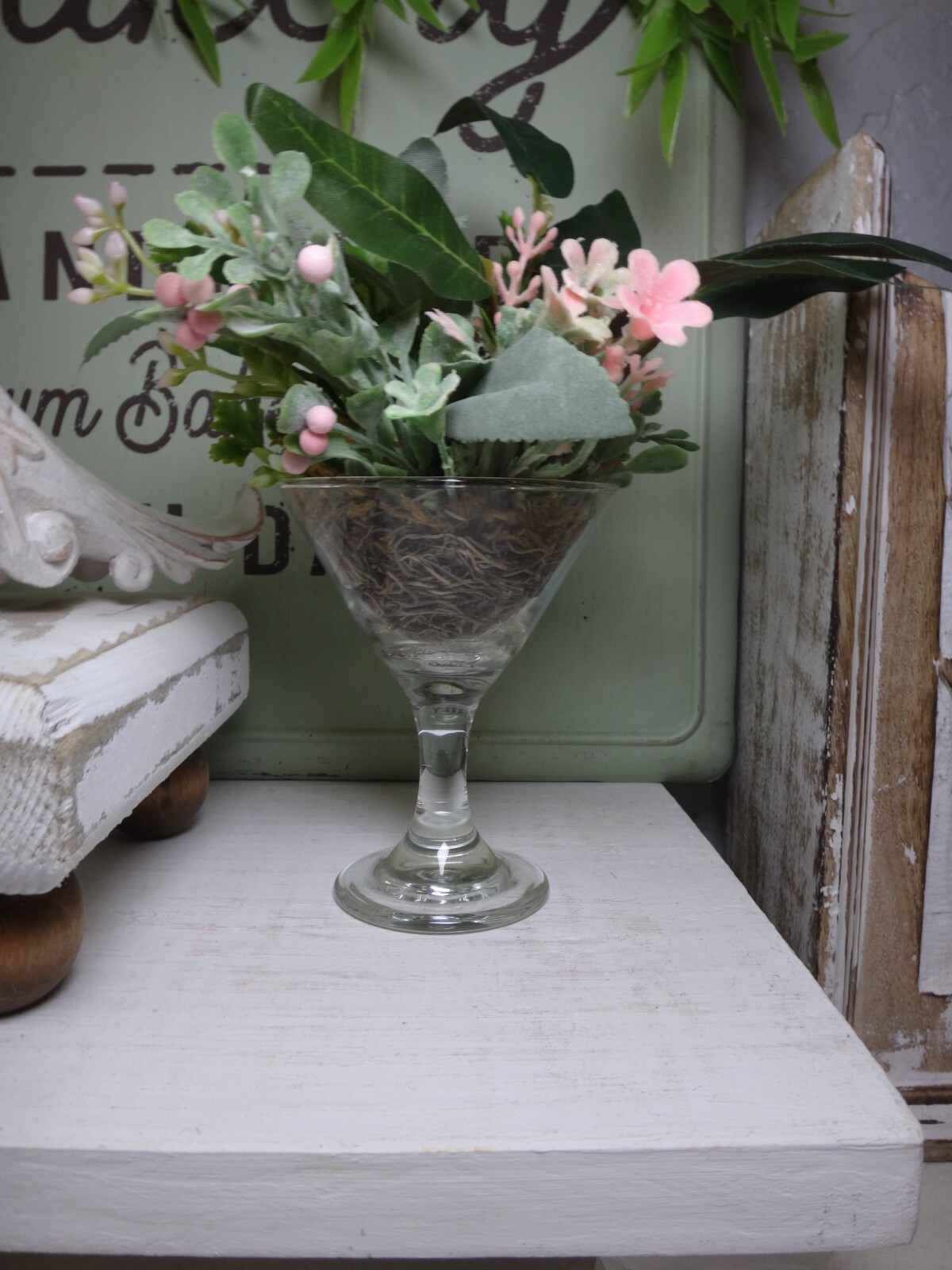 SMALL Floral arrangement centerpiece, tiered tray decor, in mini cocktail glass