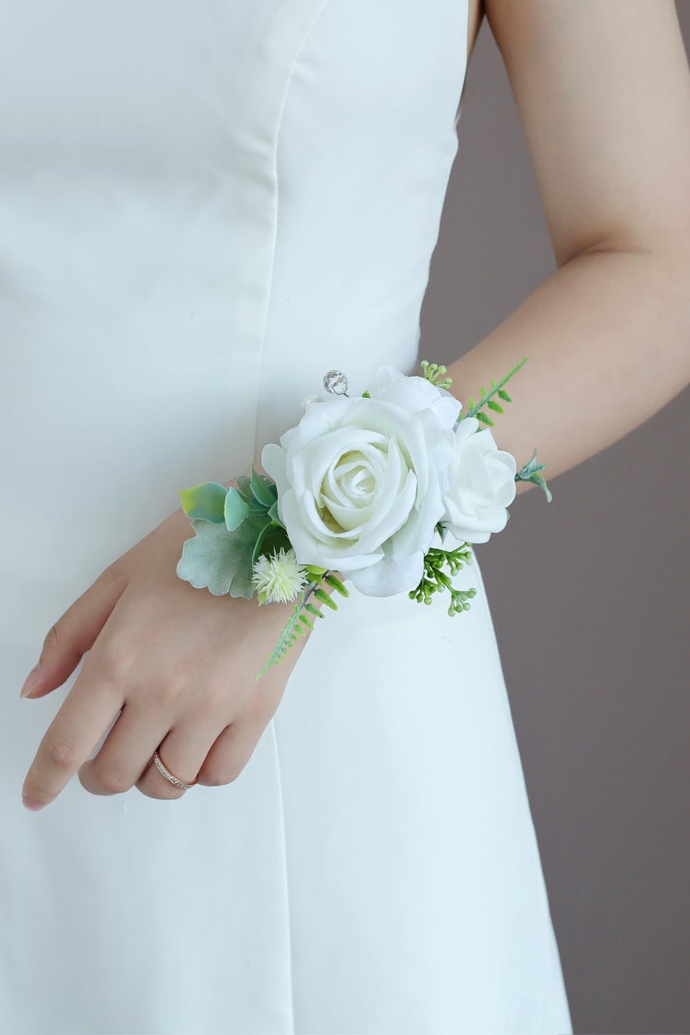 White Green Corsage Boutonniere Set Prom Wedding Homecoming Wristlet Decor