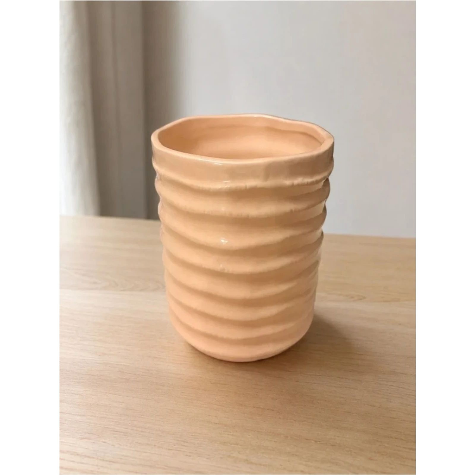 Light Beige Ribbed Ceramic Planter or Decorative Vase