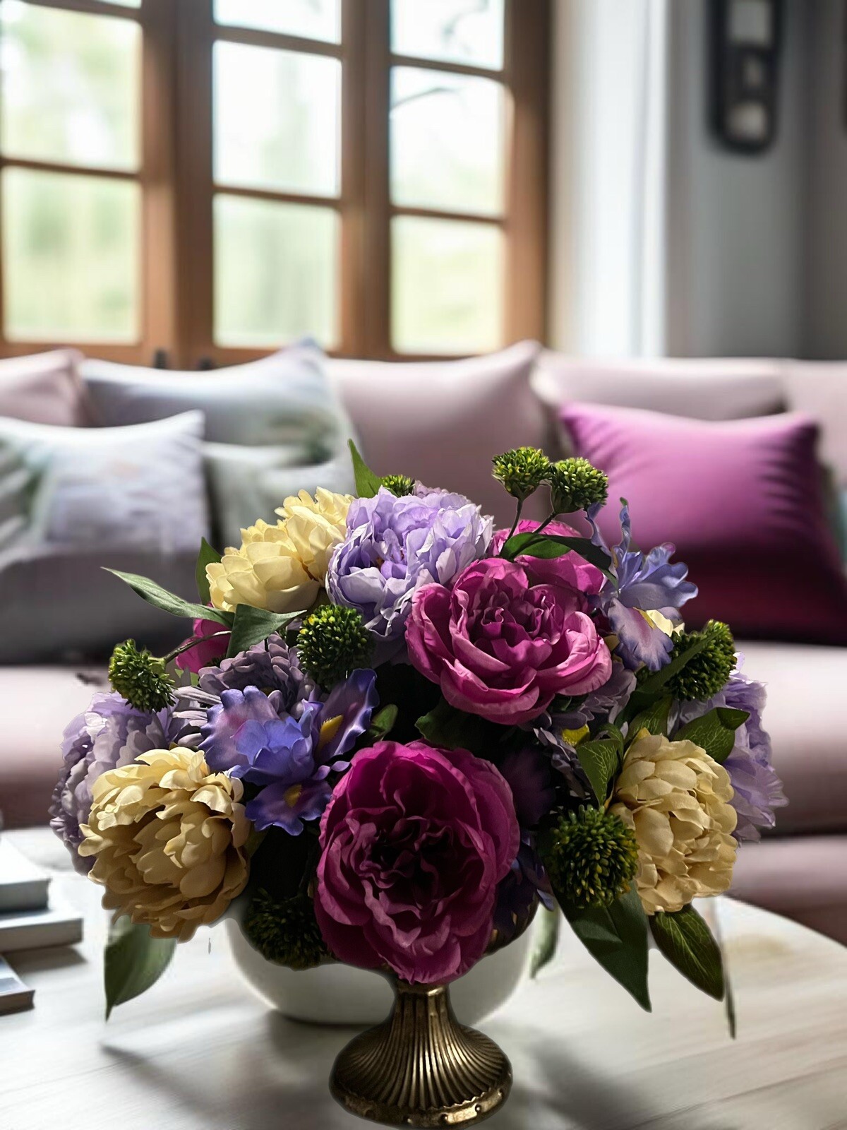All Season Floral Arrangement Purple Cream Peony Hydrangea Iris Metal Pedestal
