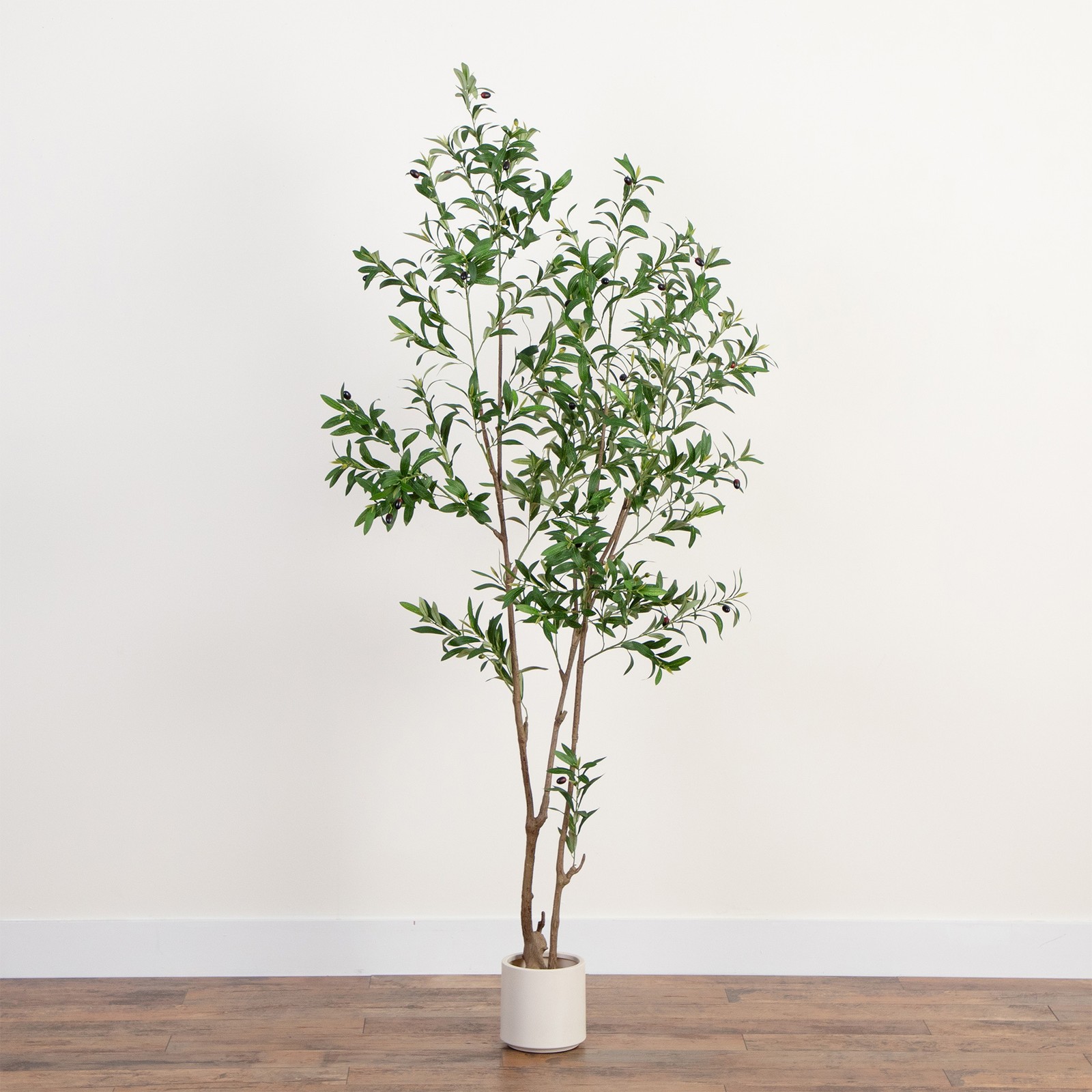 Nearly Natural 7ft Artificial Minimalist Olive Tree in White Decorative Planter