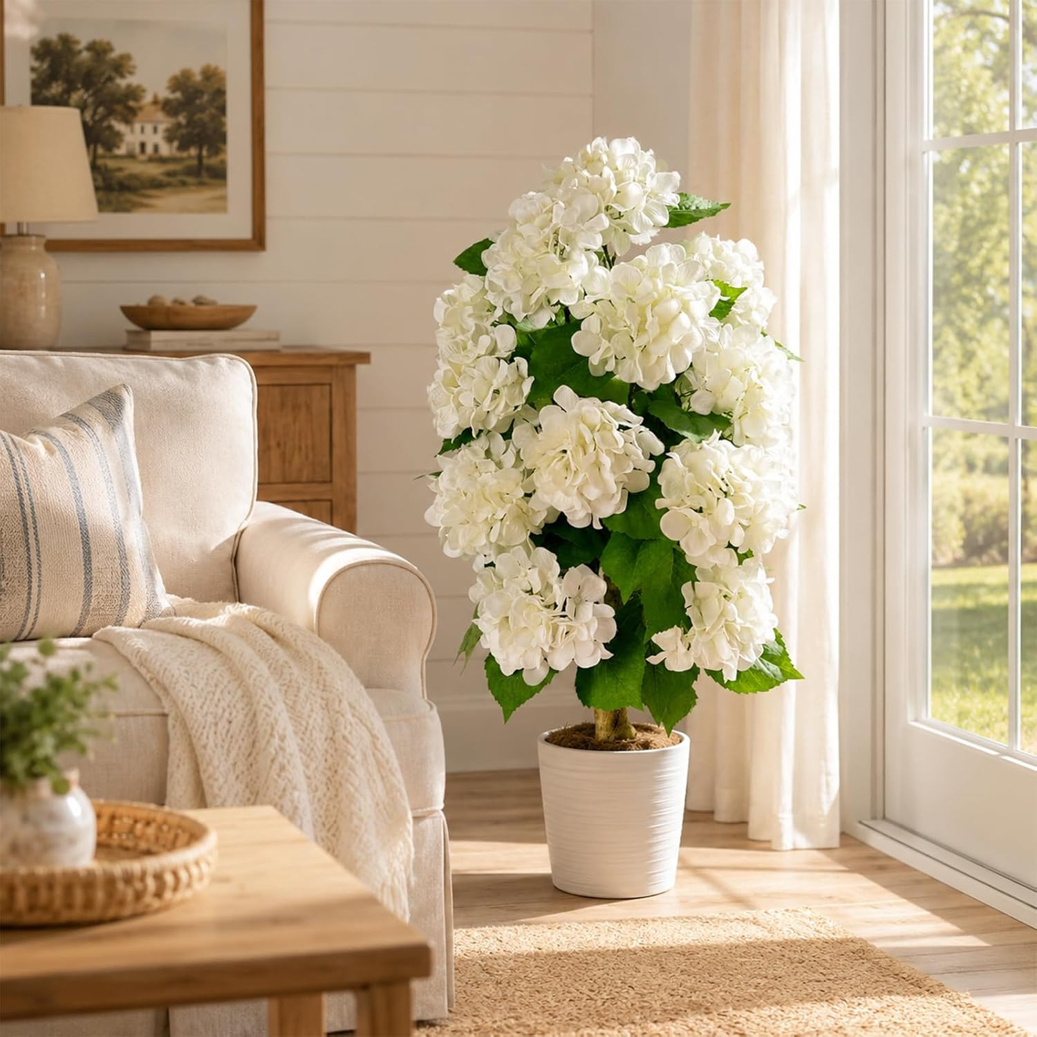 2 Pack Artificial Hydrangea Trees Potted, UV Resistant Faux Hydrangea Plant in P