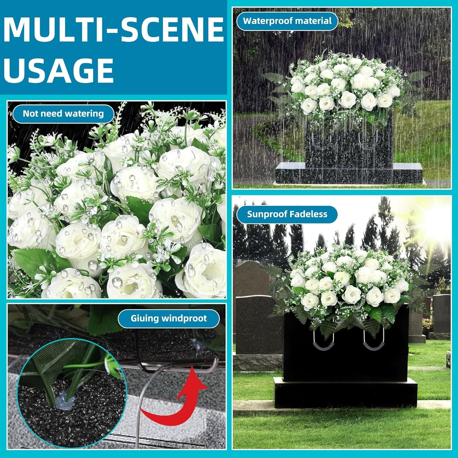 Headstone Flower Saddle Large White Artificial Roses for Cemetery Grave Decor