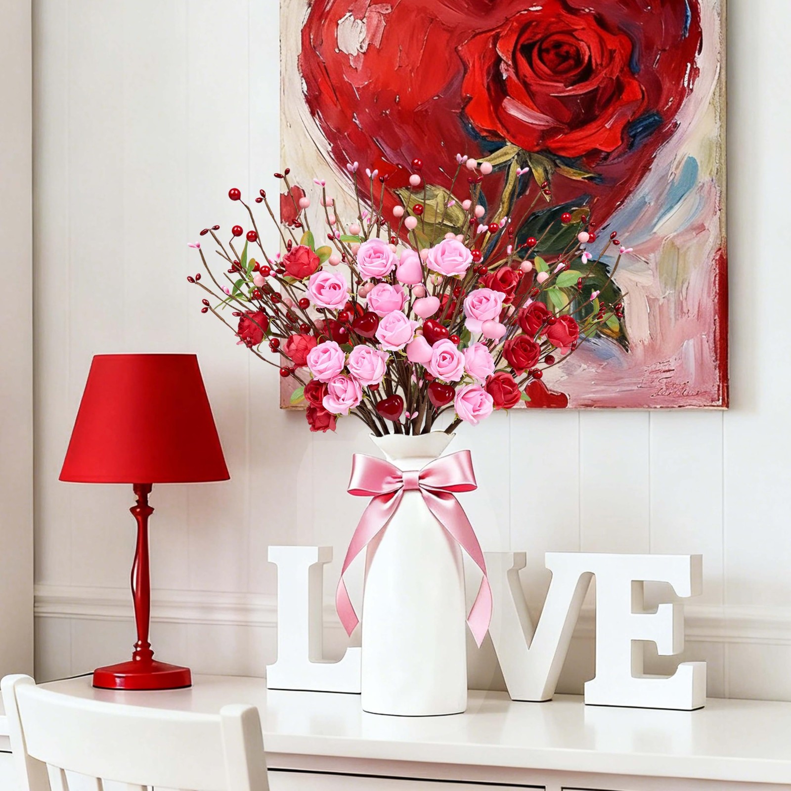 12 PCS Valentine Artificial Flowers 17 Inch Picks Red Roses Pink Heart Berries