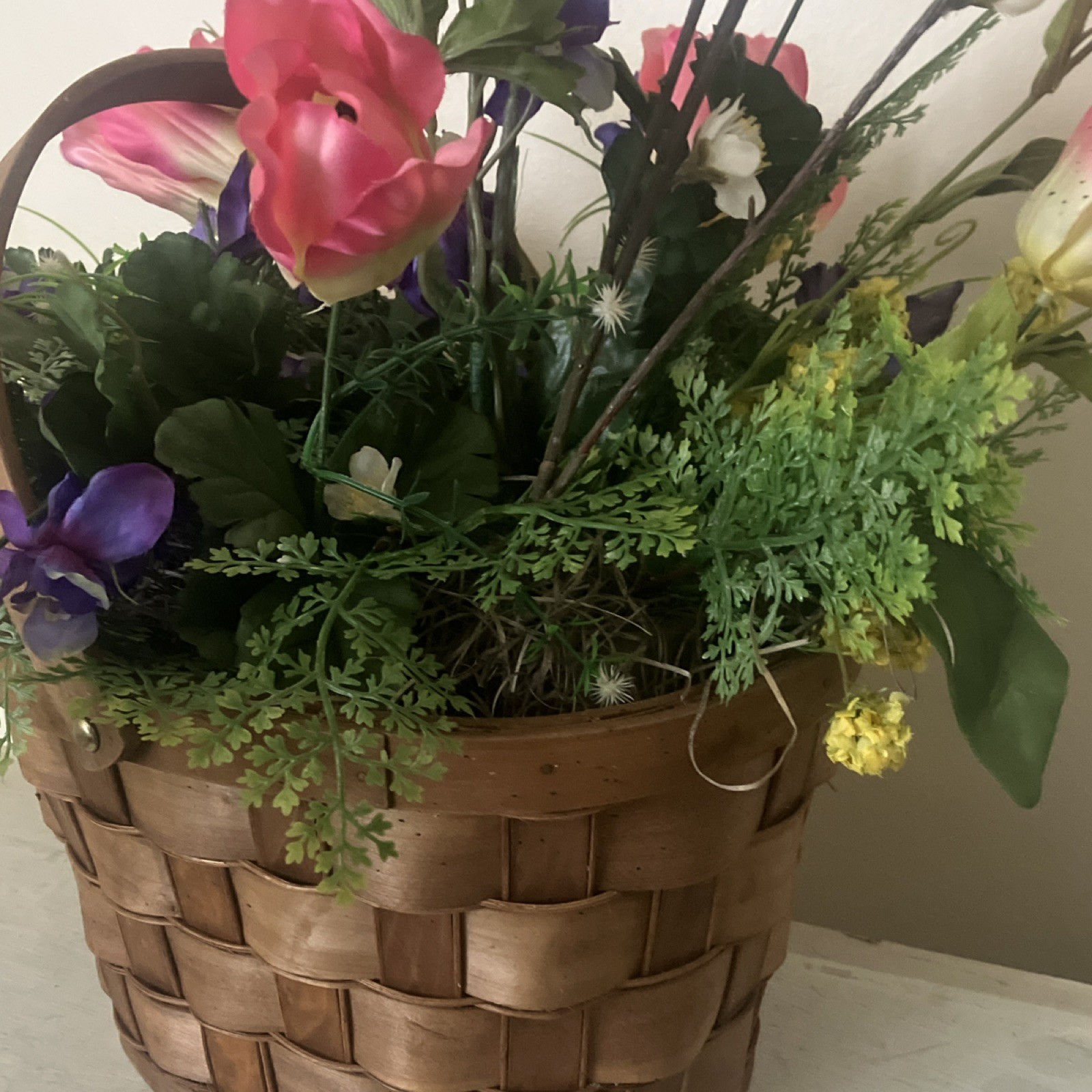 Artificial Tulip Flower Basket Arrangement Pink Purple Green Yellow