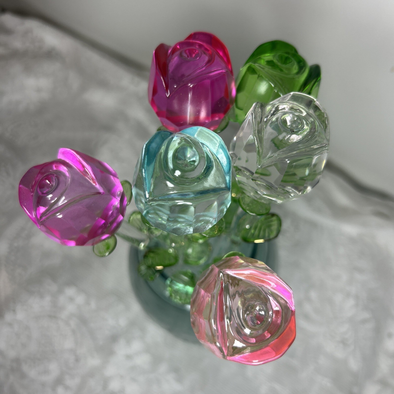 Lot 6 Crystal Glass Red Rose Clear Green Stem 13”(Mason Jar Not Included)