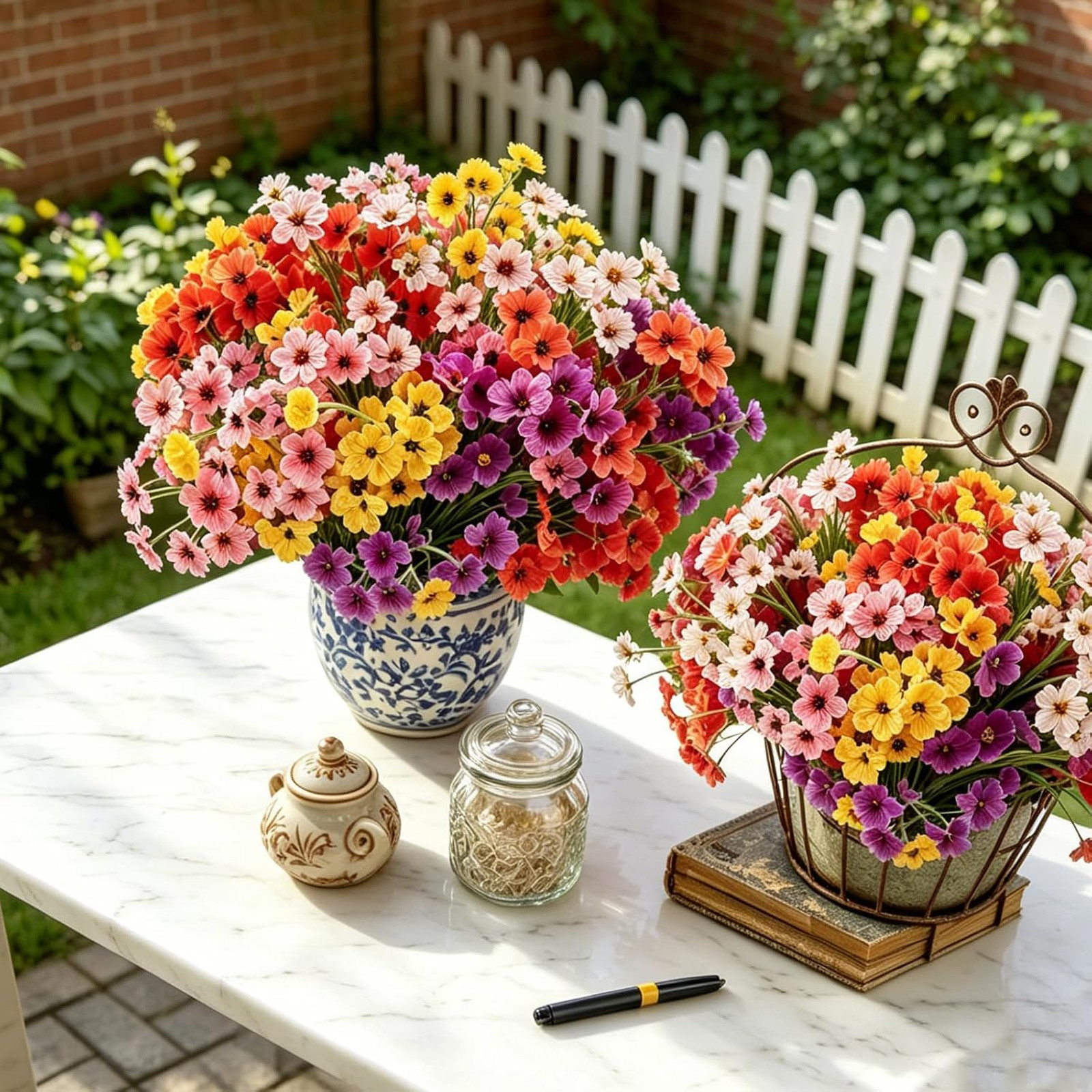 Artificial Flowers Set 24 Bundles UV Resistant for Outdoors 8 Colors Fake Plants
