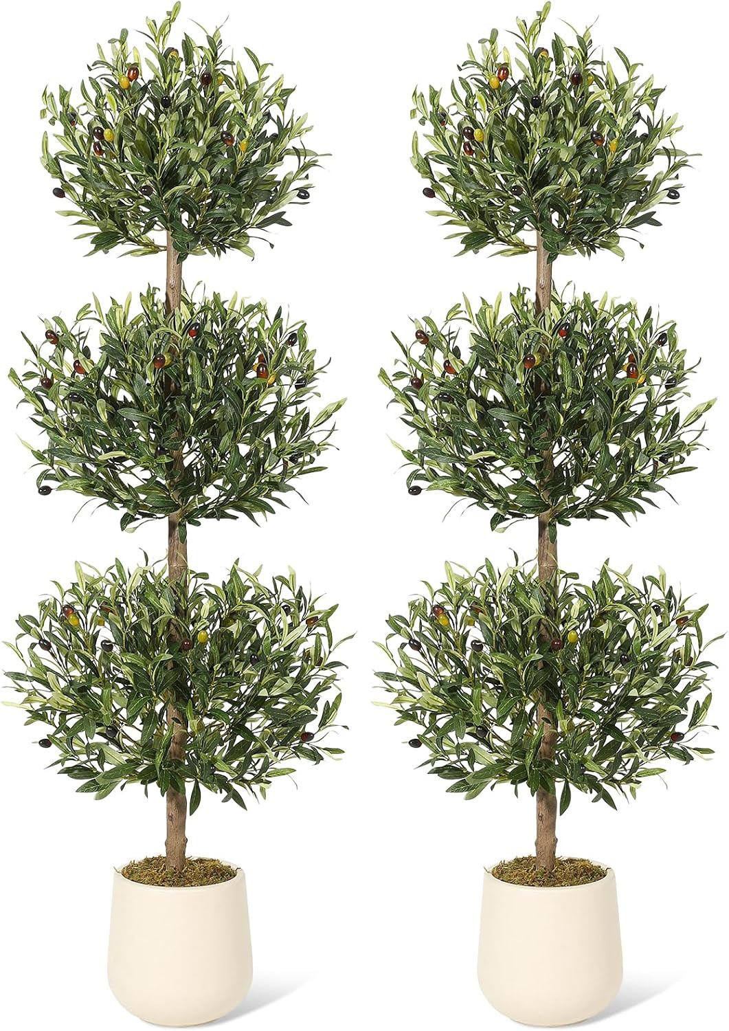 5 Ft Artificial Olive Tree, Triple Ball Topiary Faux Plant with Moss & Pot, Outd
