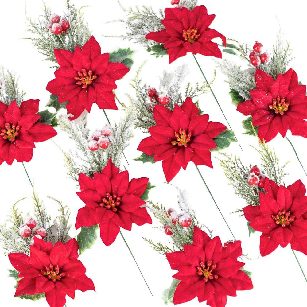 Set of 12 Artificial Snowy Poinsettia and Holly Christmas 10-1/2″ Floral Picks