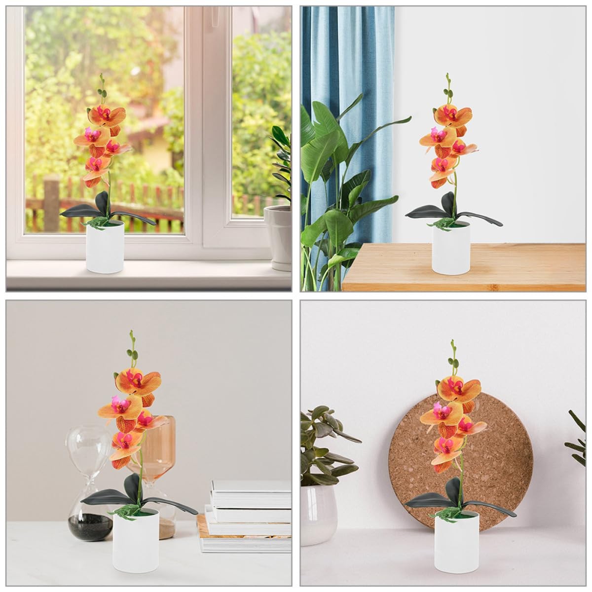 2Pcs Artificial Potted Orchid Bonsai Fake Orchid Plant Model Orange Color Fau…