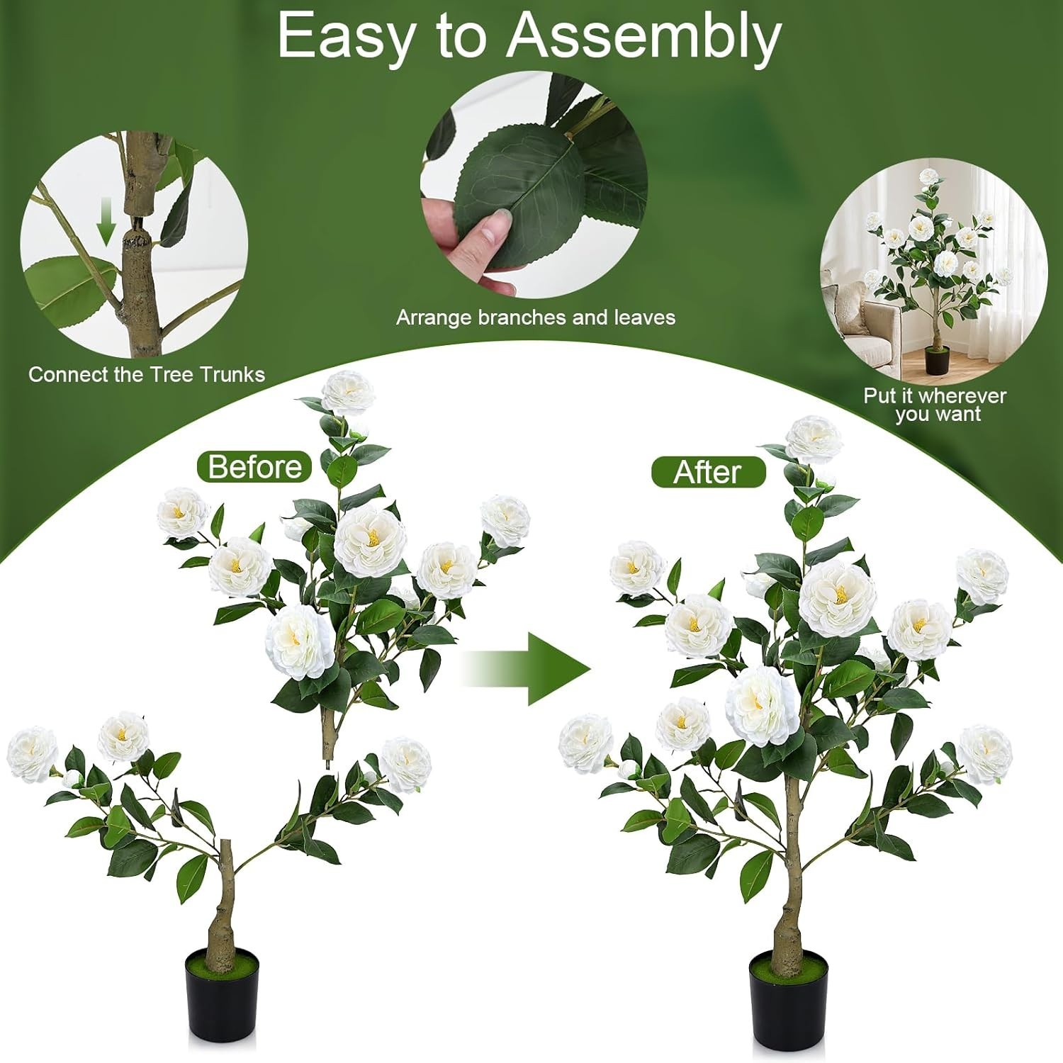 2 Pack Artificial Camellia Trees for Outdoor, 3FT Camellia Tree Potted with Faux
