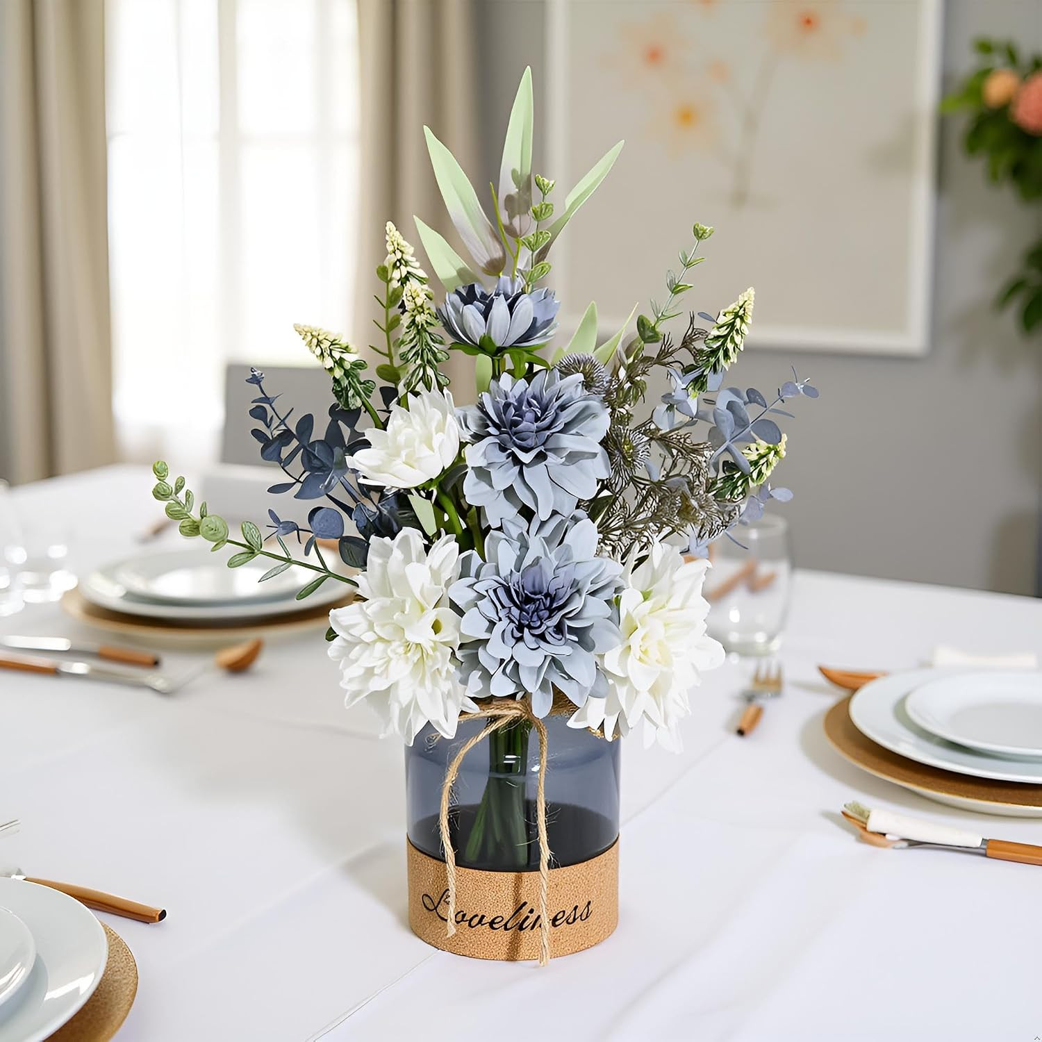 Silk Dahlia Flower Arrangement in Vase for Home, Office & Kitchen Decor