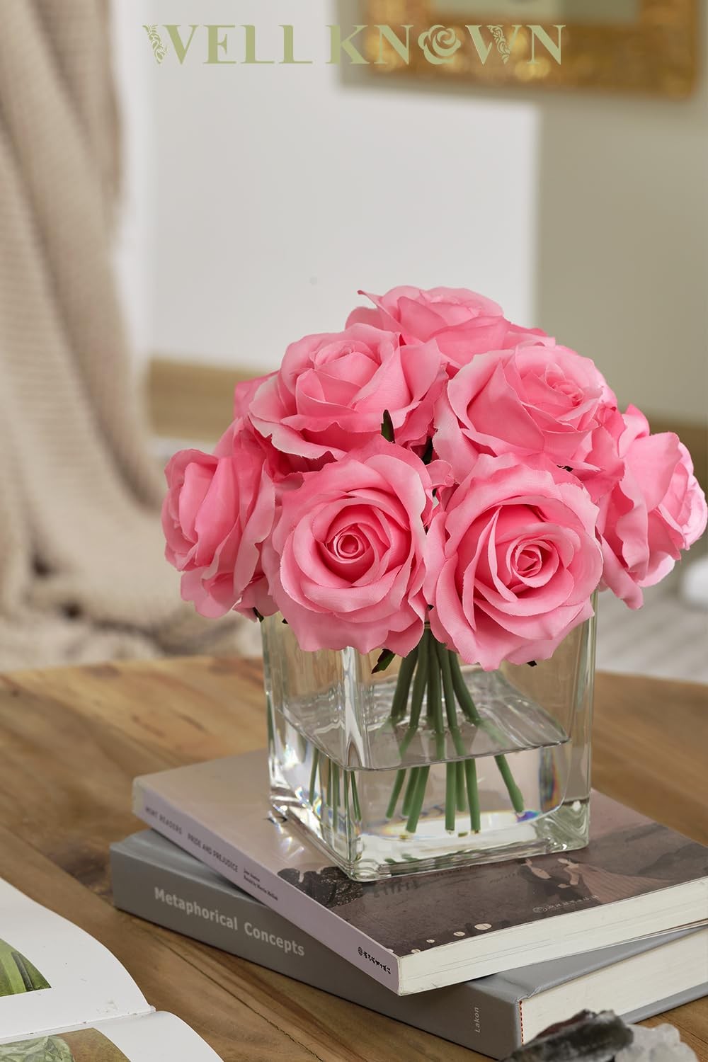 Pink Artificial Rose Flowers In Vase With Faux Water Silk Arrangement Decor
