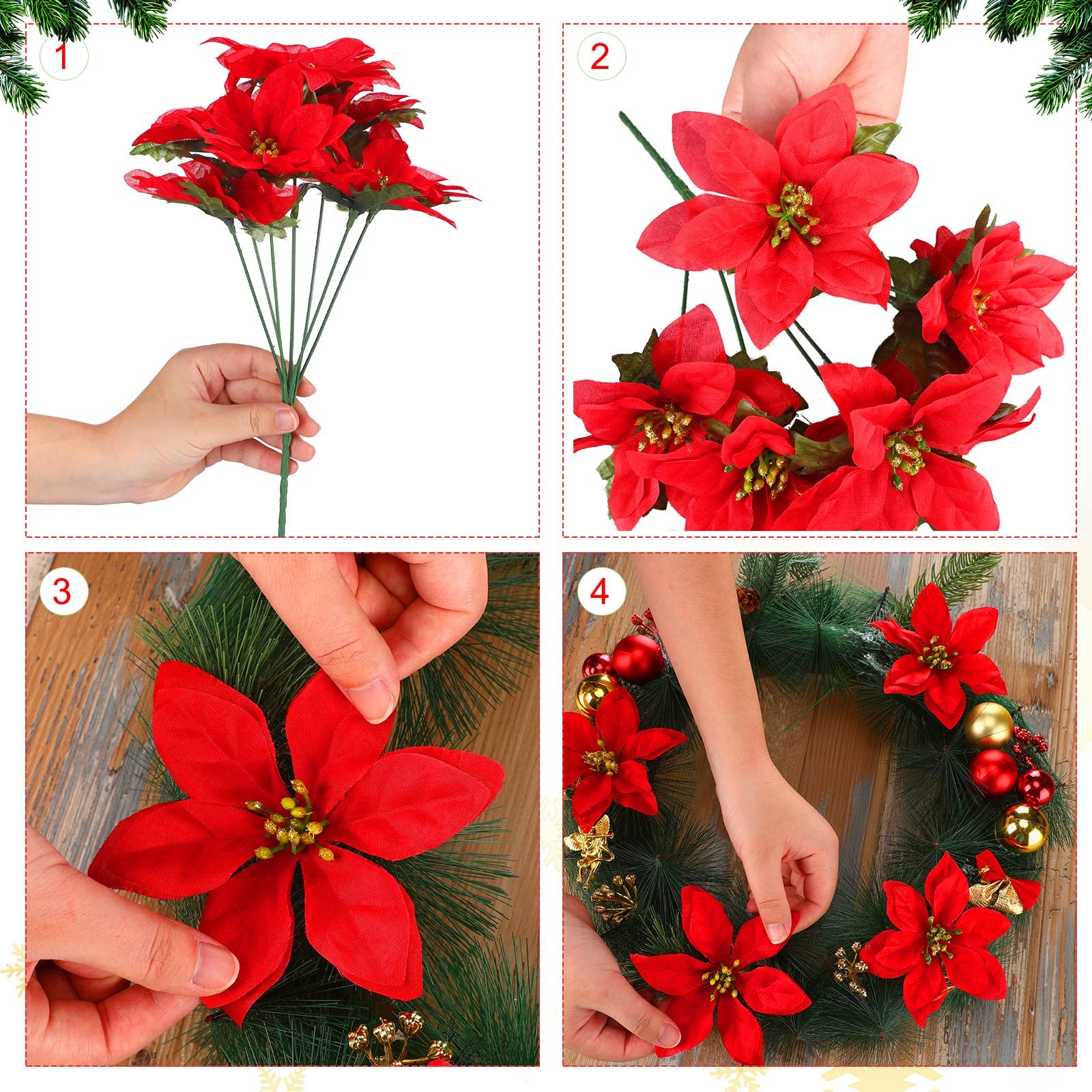 12 PCS 7 Heads Christmas Artificial Poinsettia Flowers Faux Silk Bush Red