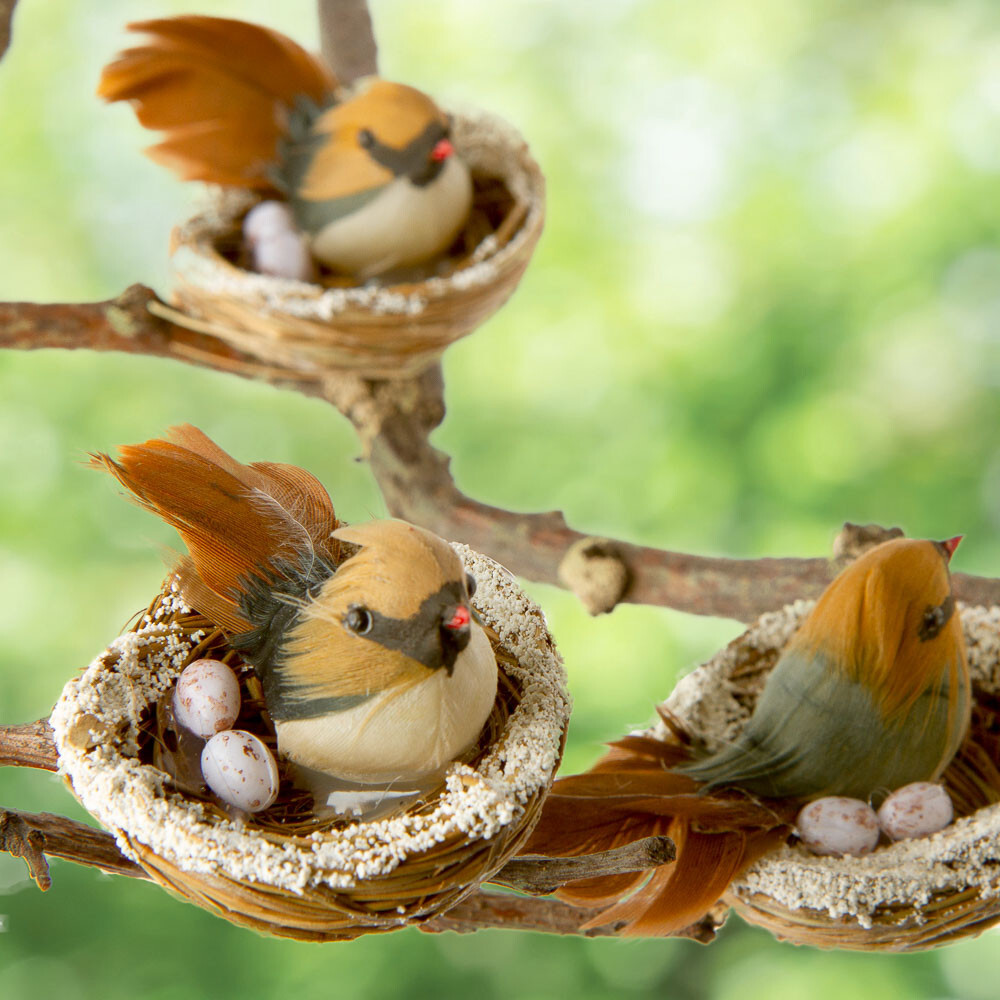Bulk Pack of 12 Artificial 2″ Female Cardinals in 1-3/4″ Snowy Nests
