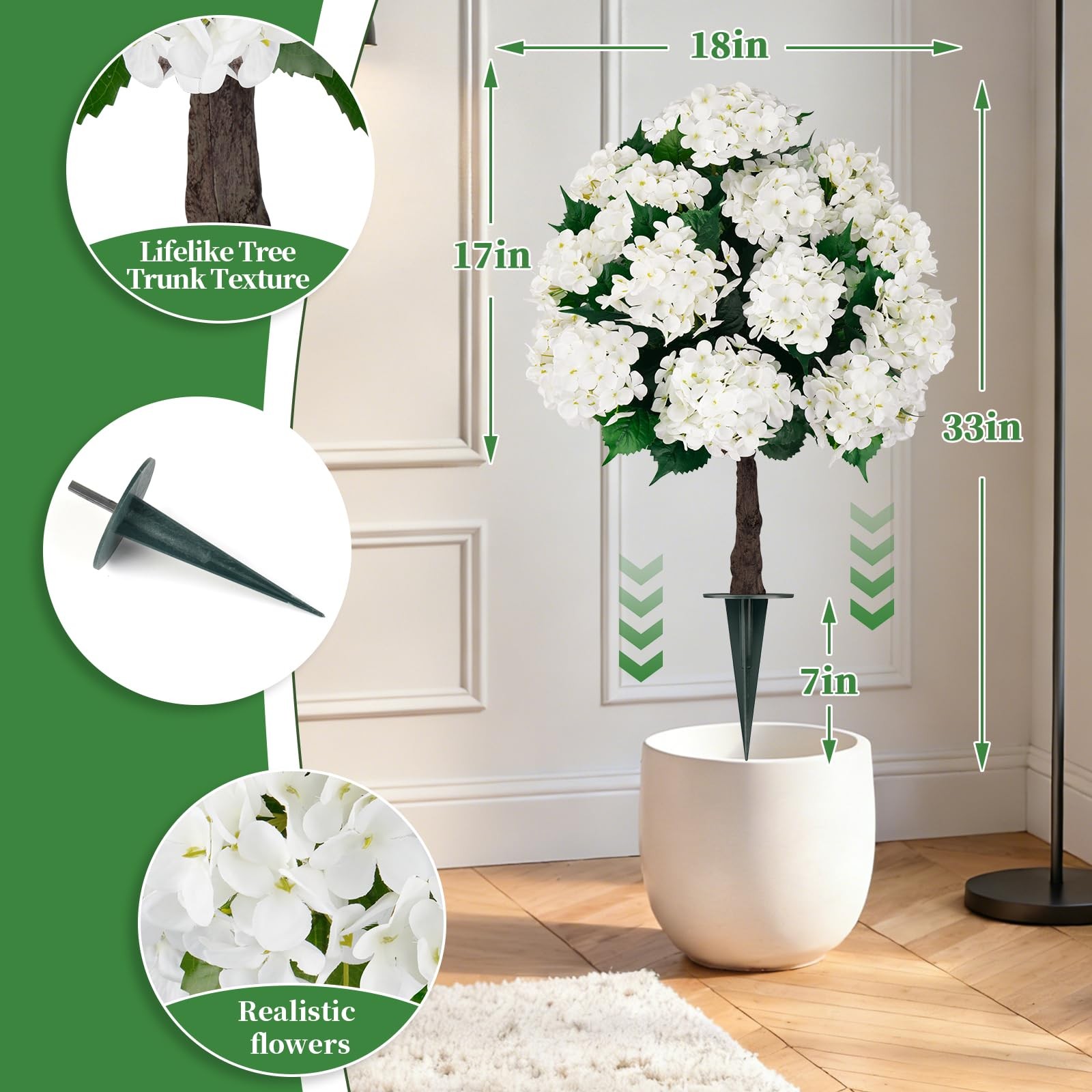 Artificial Topiary Ball Tree with White Hydrangea, Set of 2 UV Resistant Shru…