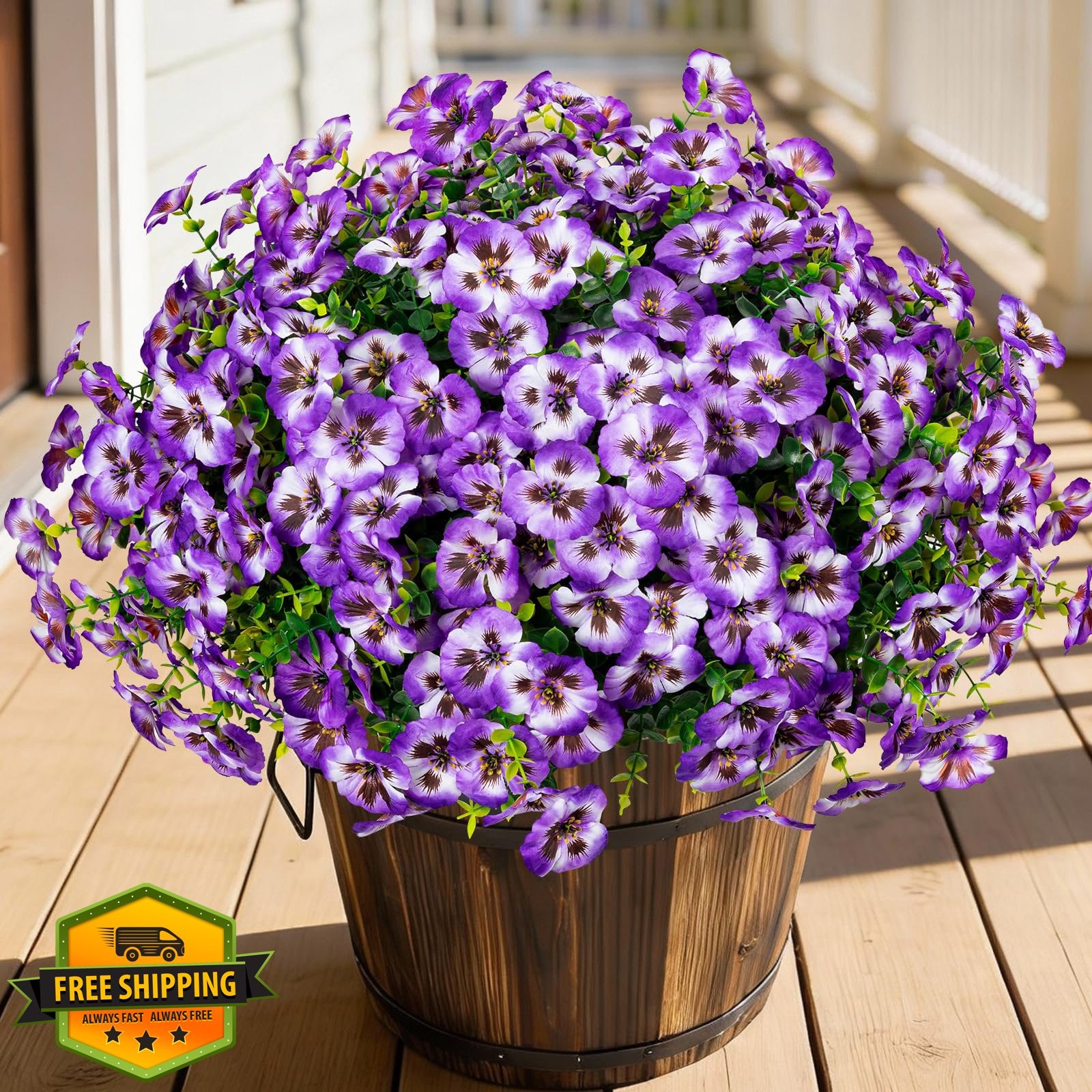 24pc Purple White Faux Pansy Flowers UV Resistant Outdoor
