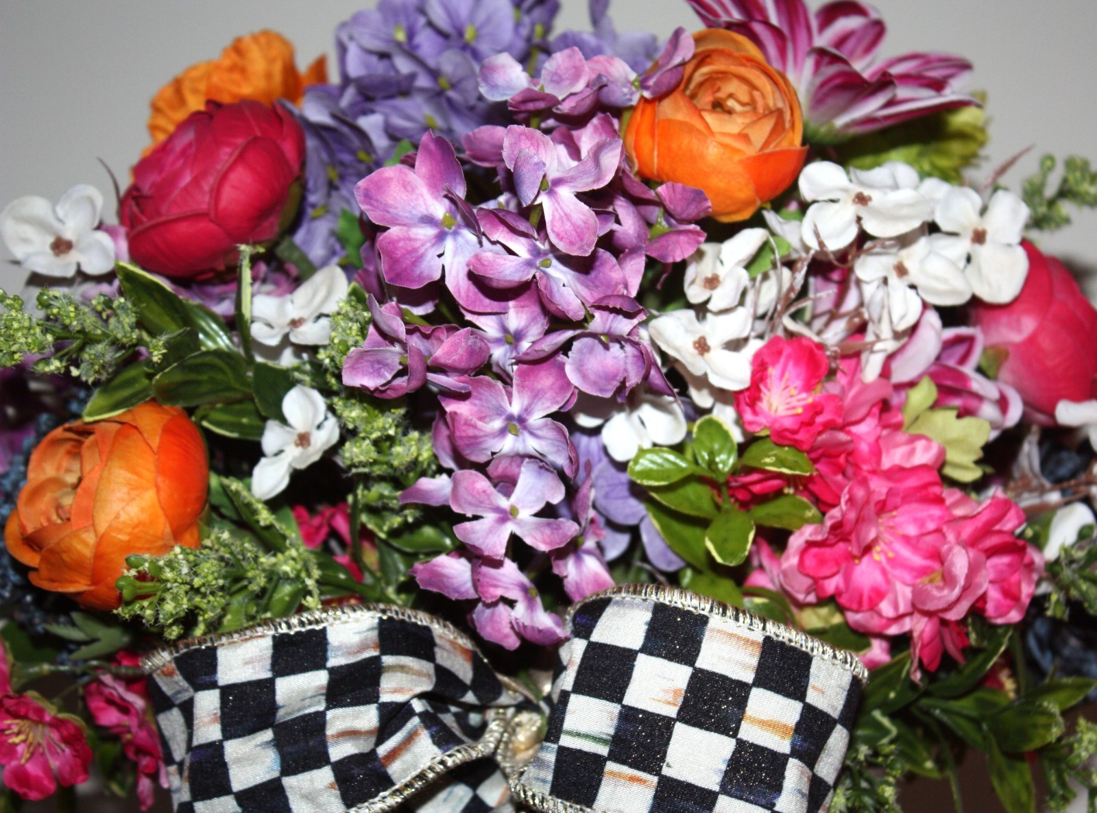Faux Floral Arrangement In Mossed Terracotta Planter With Mackenzie Childs Bow!