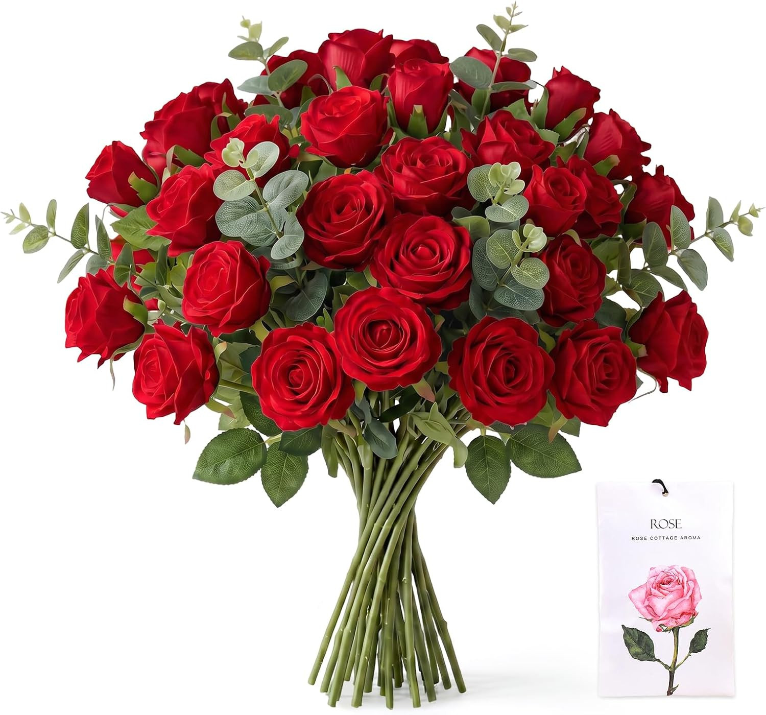 50 Pcs Artificial Roses +10 Eucalyptus + 1 Sachet (Rose Red) | Fake Velvet Silk
