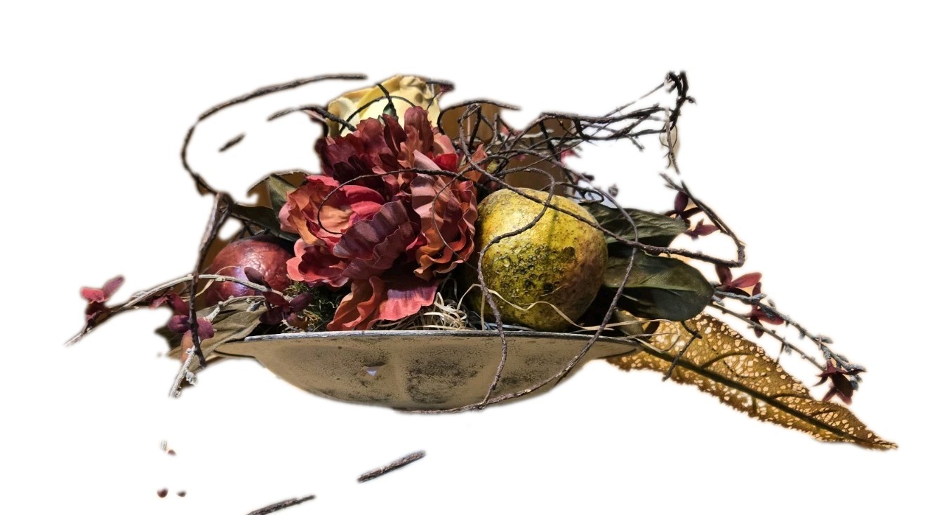 Arrangement of Dried Fruits & Flowers Centerpiece Metal Compote 14WX14WX13″Tall