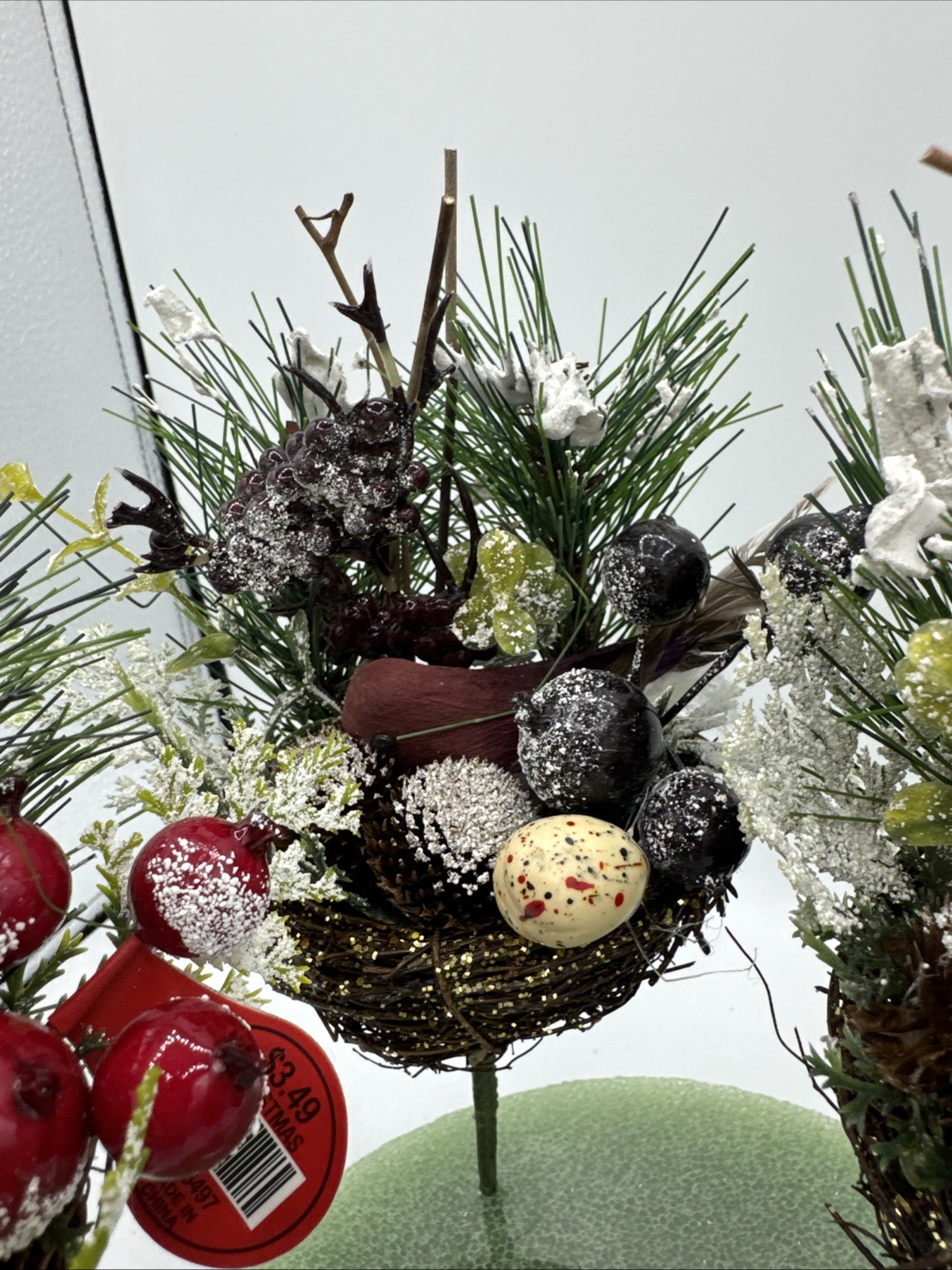 4 Vintage Cardinal Nest Faux Stems Stick Pinecone Berries Egg 9” Snow