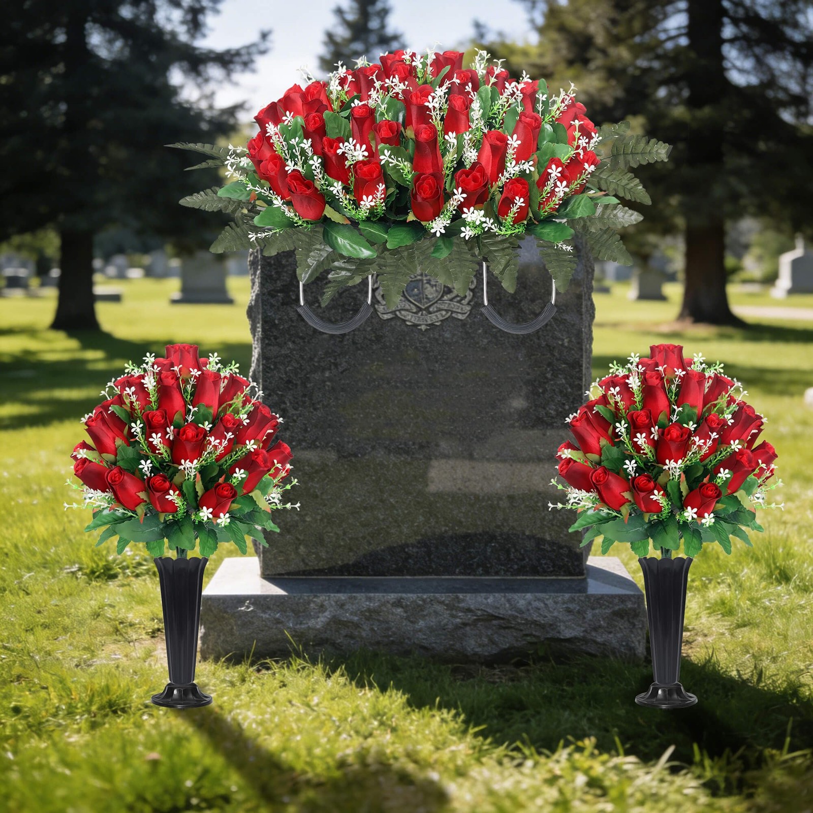 Cemetery Flowers for Grave,Headstone Flower Saddle with 2 Sets Grave Rose Flo…
