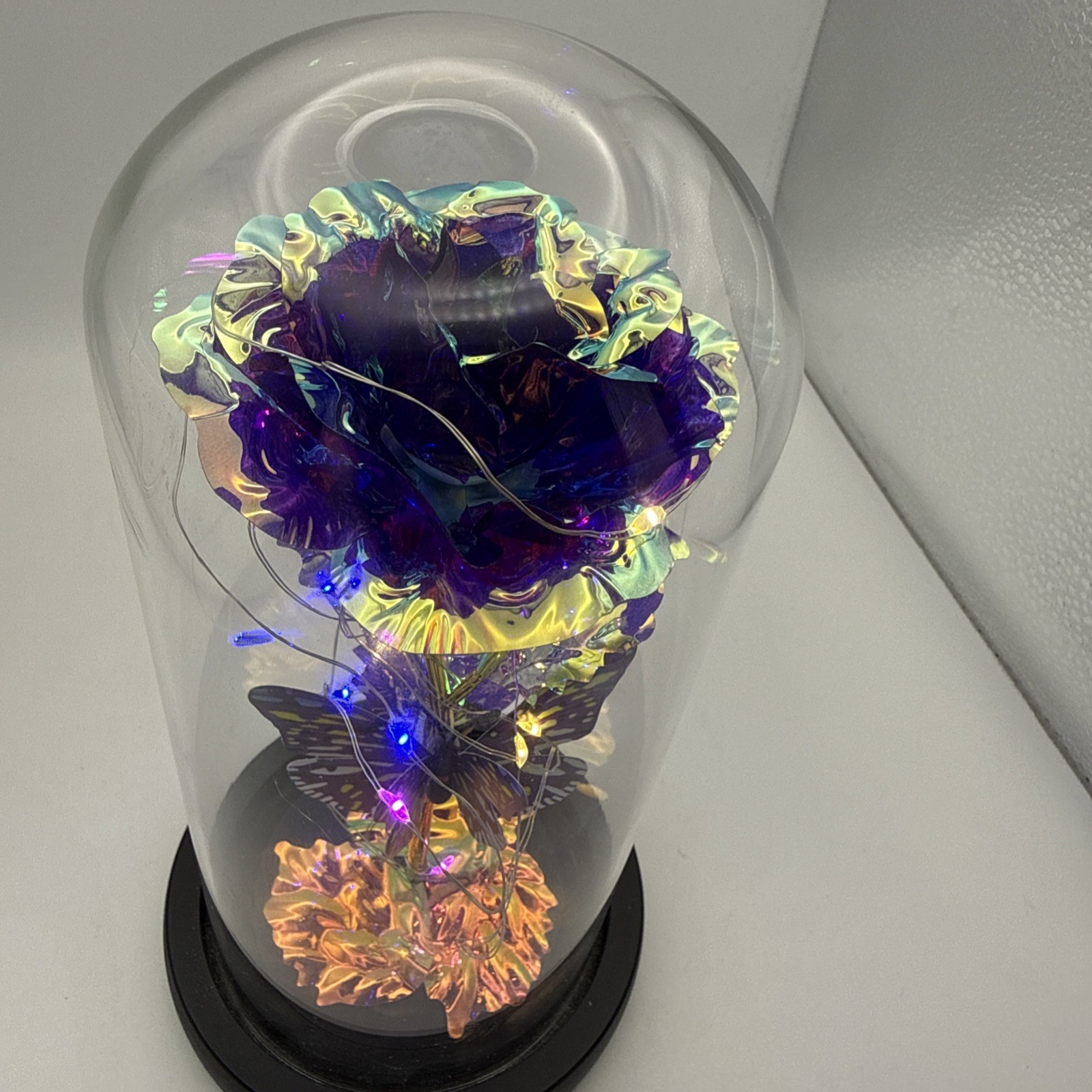 Purple Rose Flower & Butterfly in Glass Dome Cloche LED Lighted Floral Display
