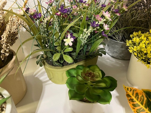 10 Artificial flowers in pots, 1 hanging 2″ to 10″ variety