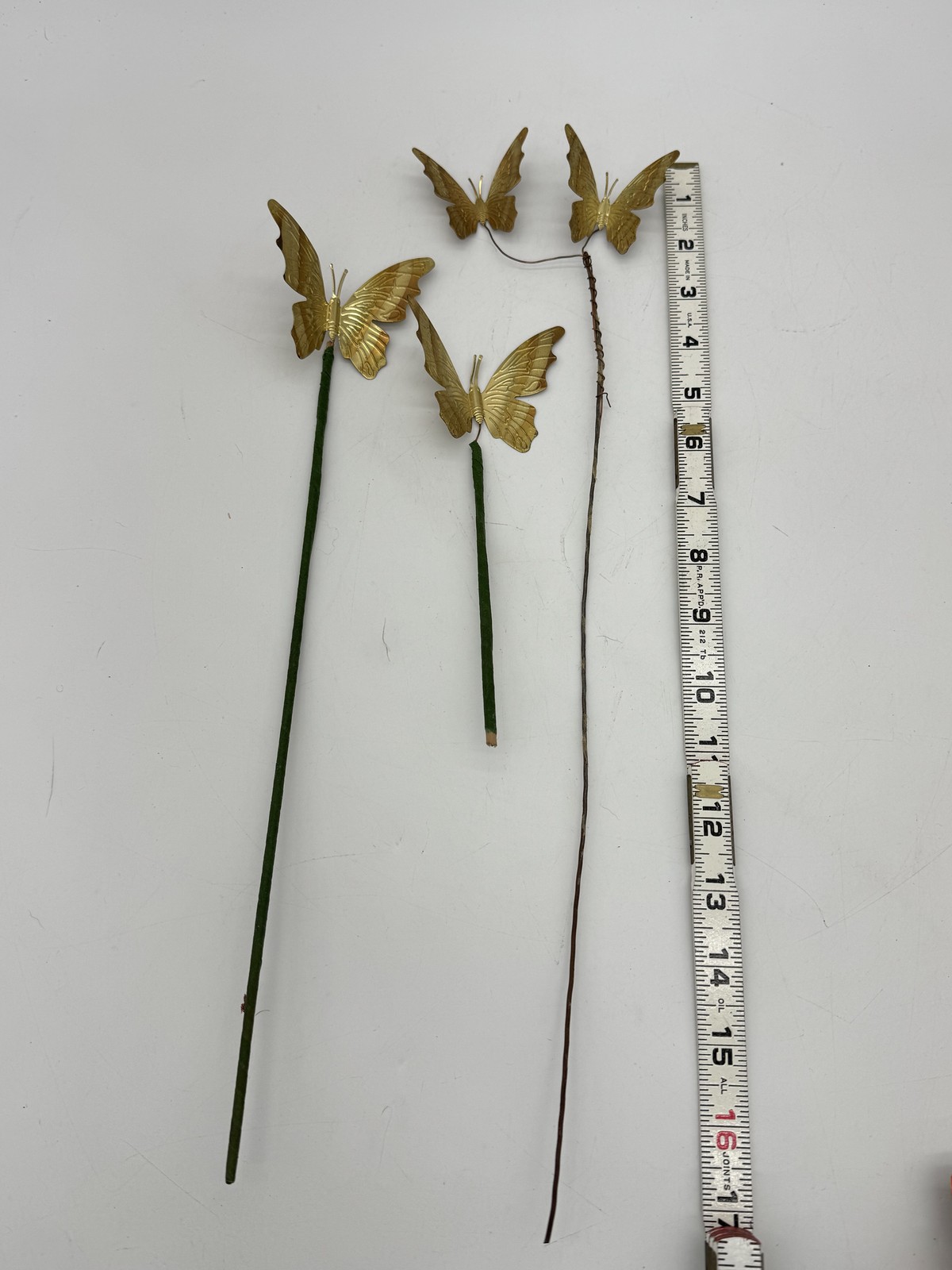 Vintage Gold Metal Butterfly Picks Stems Floral Craft Decor Set of 3