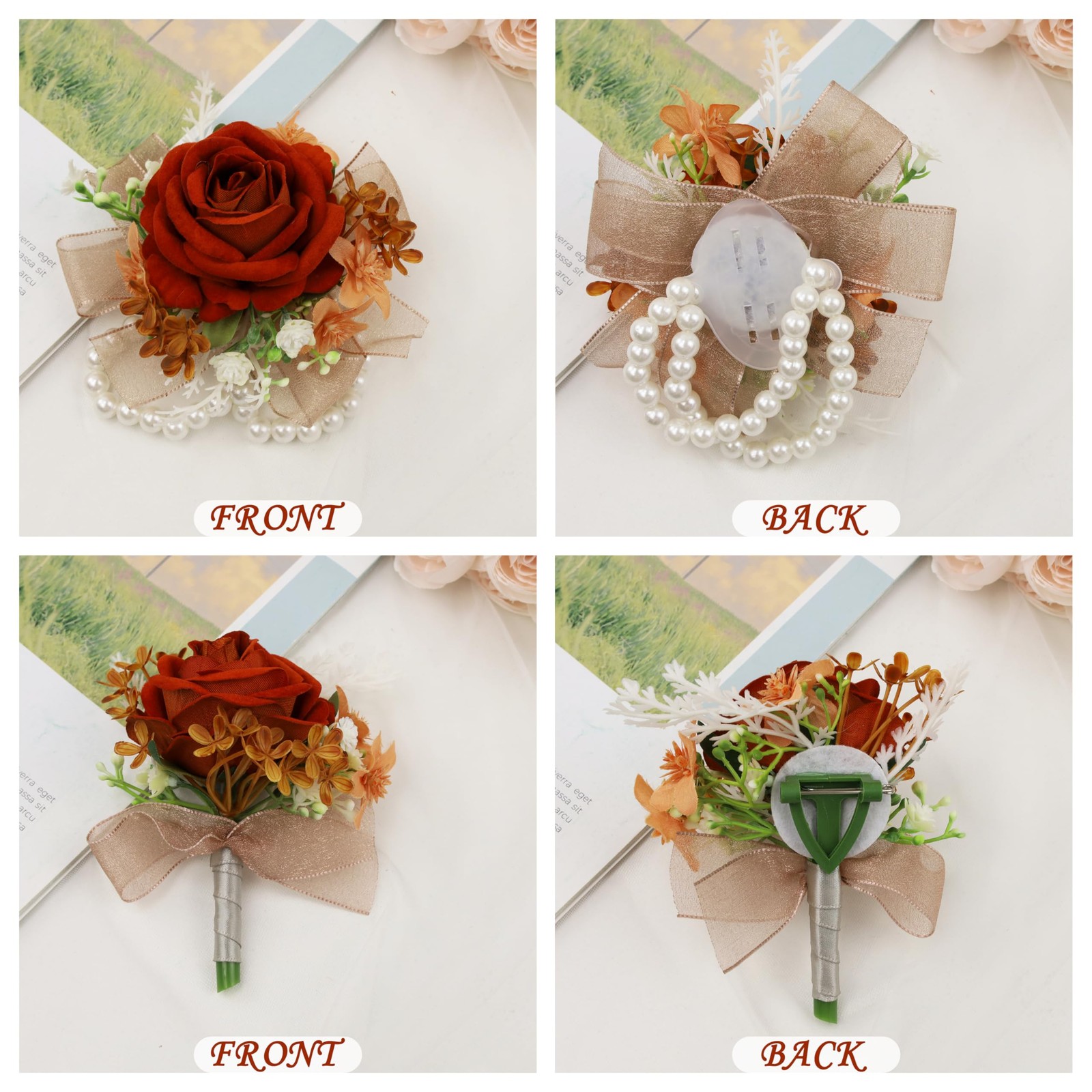 2 pcs Wrist Corsage and Boutonniere Set, Orange Rose Wrist Corsage Wristlet B…