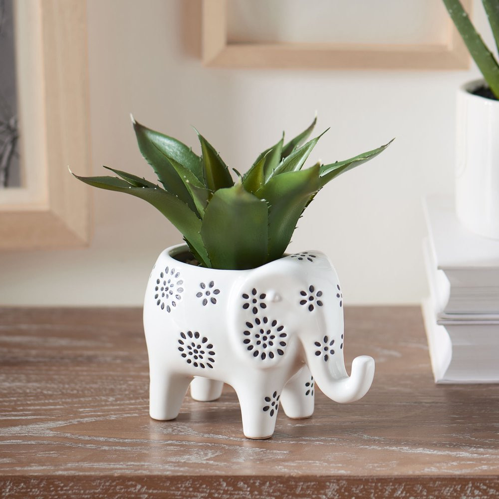 ARTIFICIAL AGAVE PLANT 7.5 Inch Tabletop Decor in White Ceramic Elephant Planter
