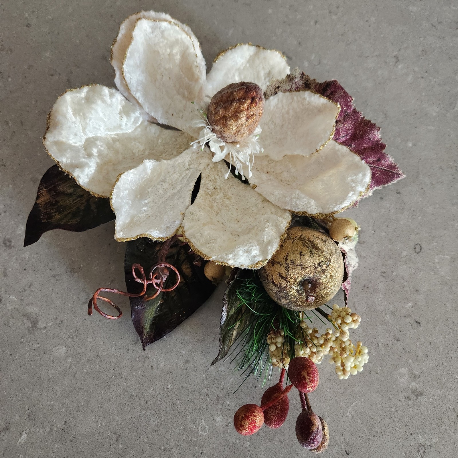 Set of 3 Gold Glittered Artificial Soft White Magnolia Sprays Fruit Berries
