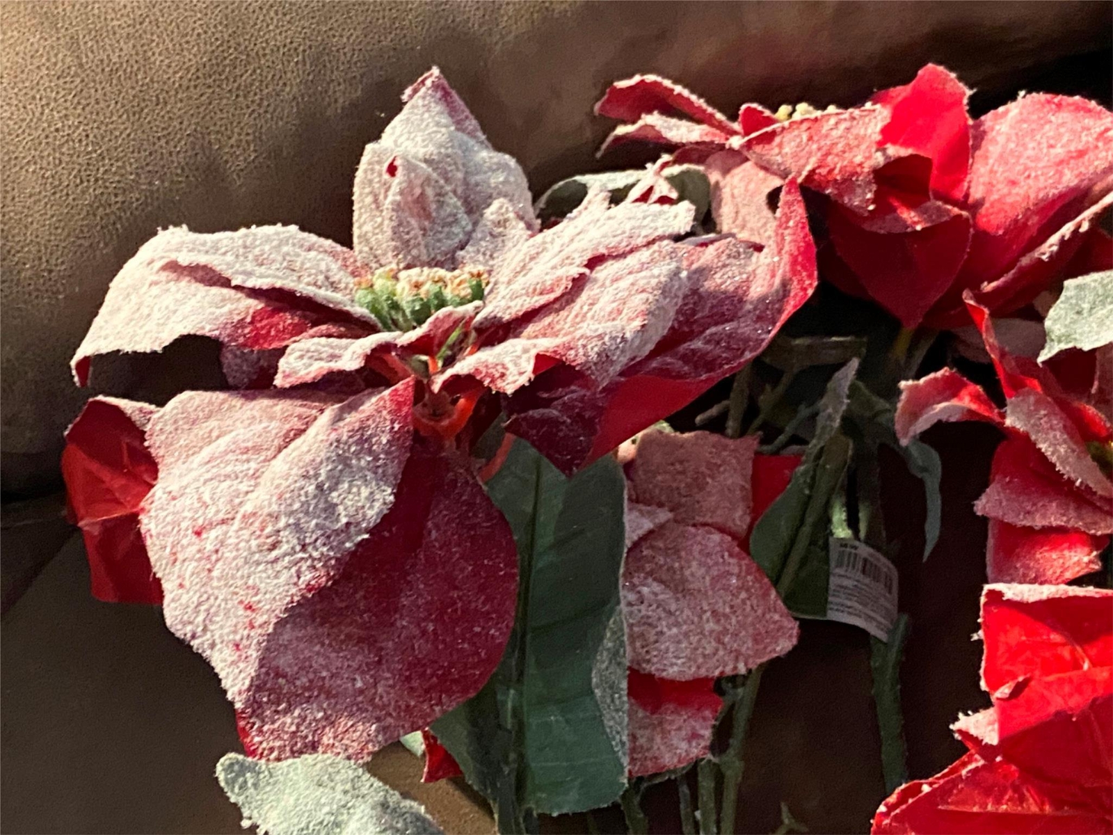 Lot of 8 Artificial Flowers Christmas Holiday Snow Covered Poinsettia Bloom Room