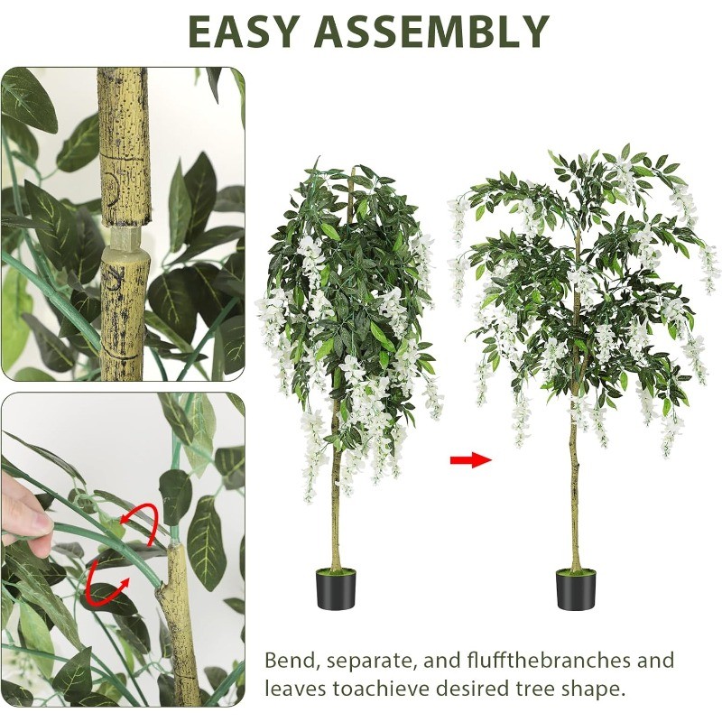 6FT Tall Fake Wisteria Tree with Flowers and Wood Trunk in Pot for Home Office
