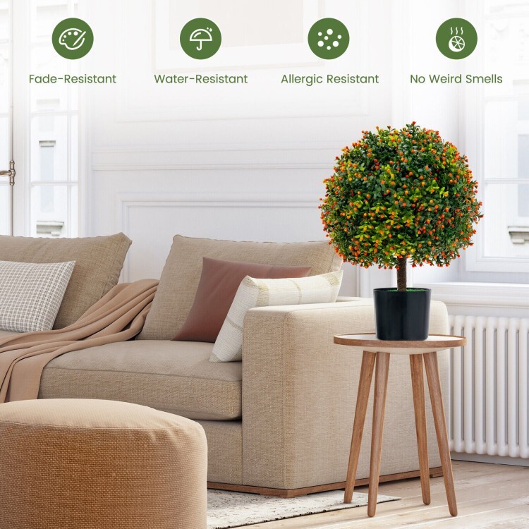 2-Pack Faux Potted Plants Artificial Boxwood Topiary Ball Tree w/Orange Fruits