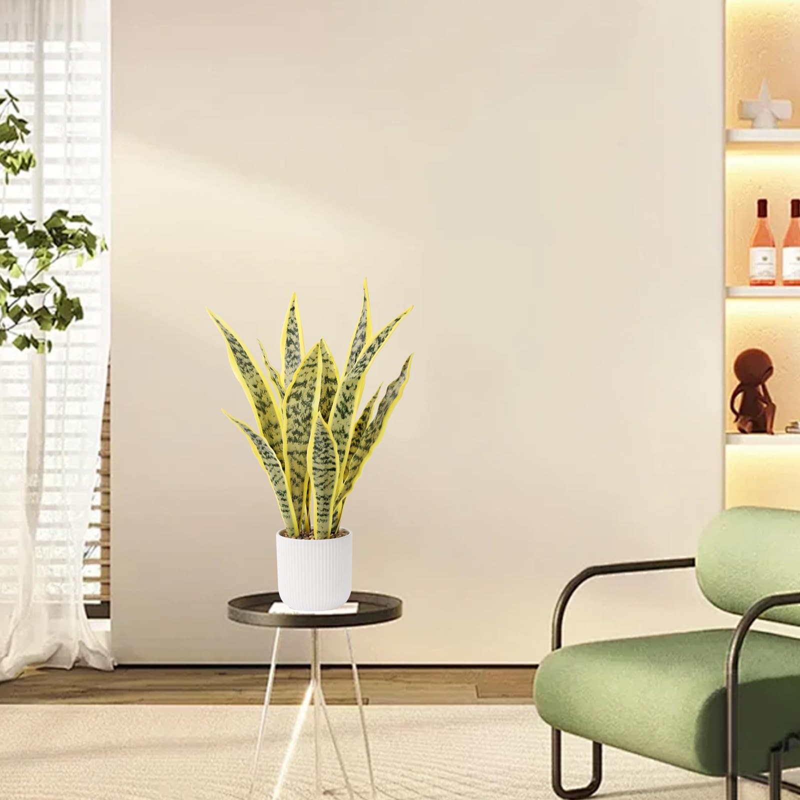 21.5″ Artificial Realistic Snake Plant White Pot Sansevieria Light Yellow